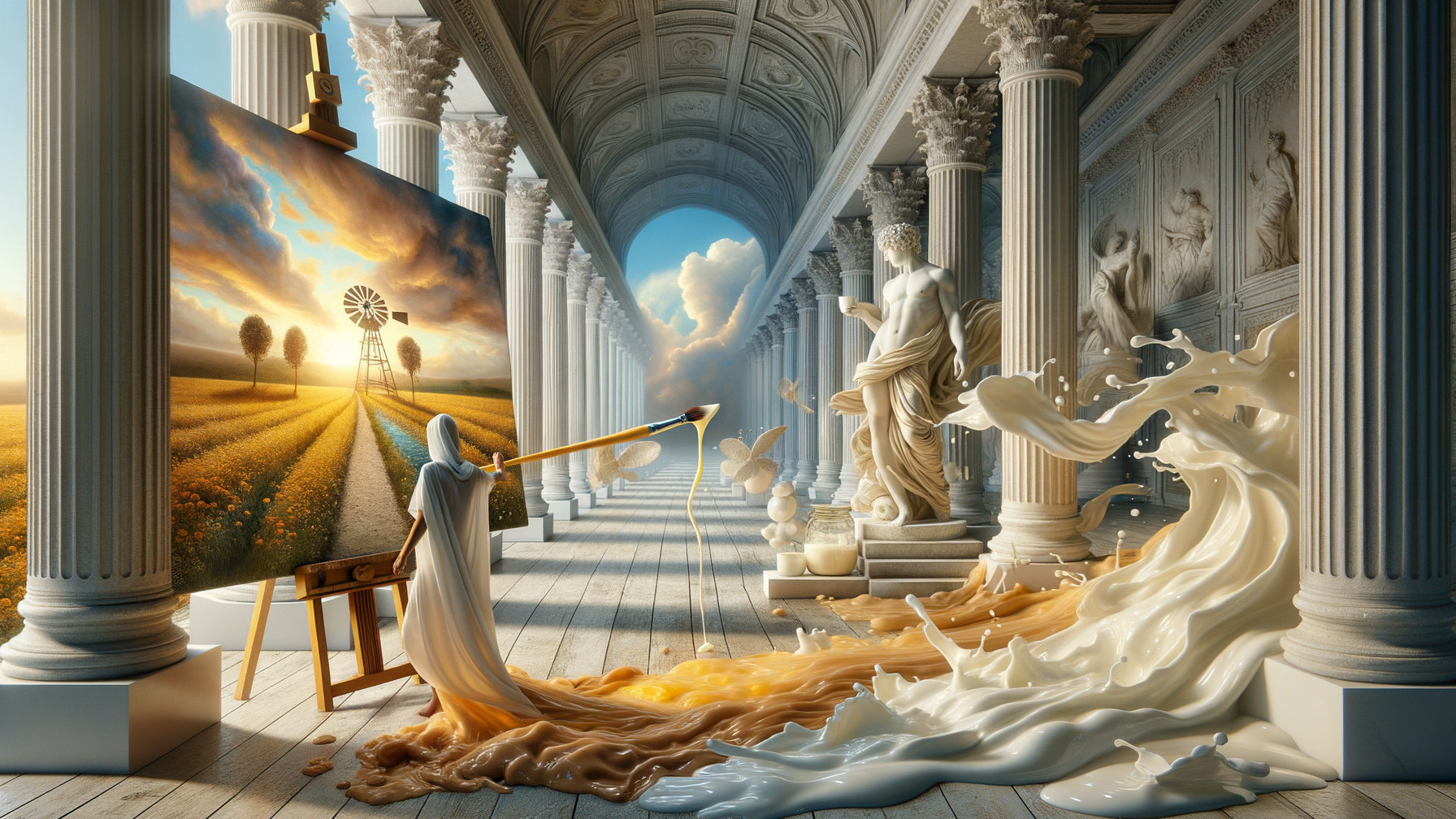 Hooded Figure Painting Vibrant Landscape in Enchanted Room