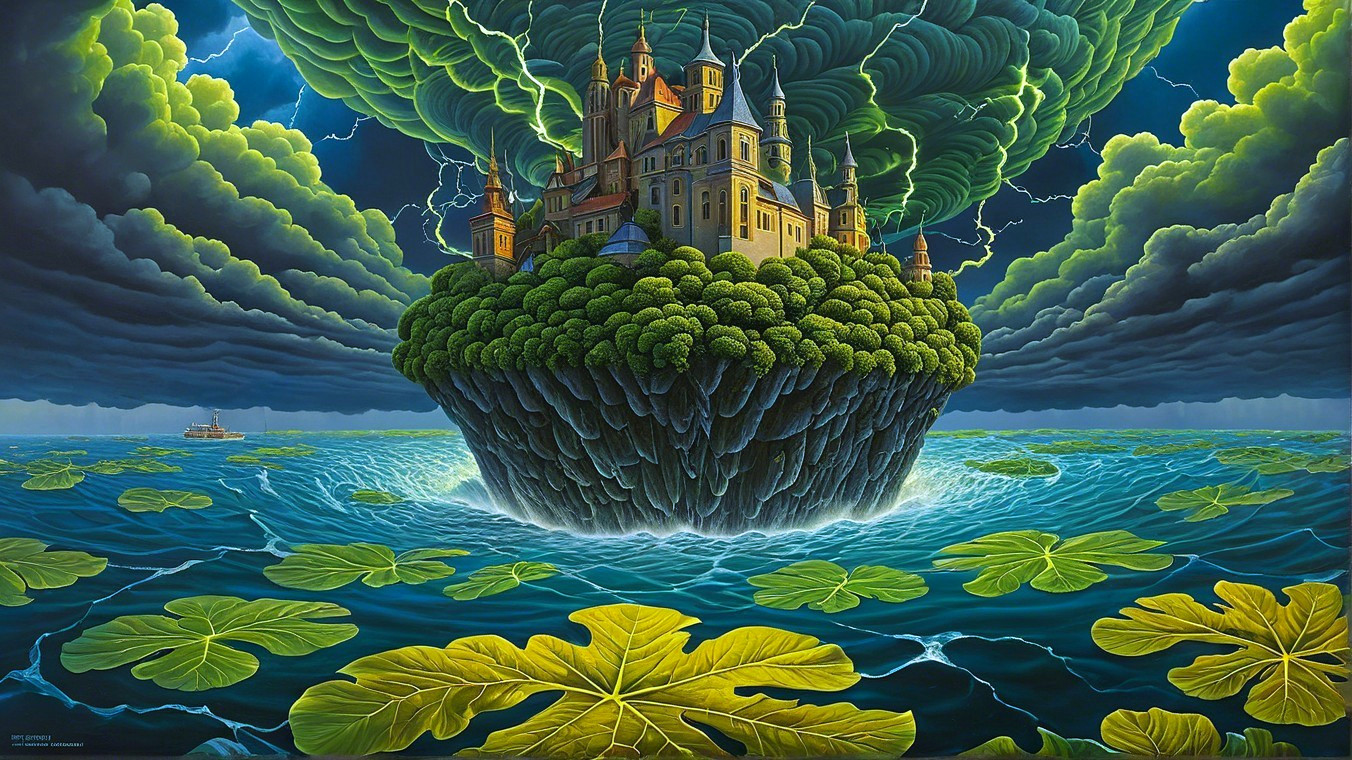 Surreal Landscape with Castle on Floating Island