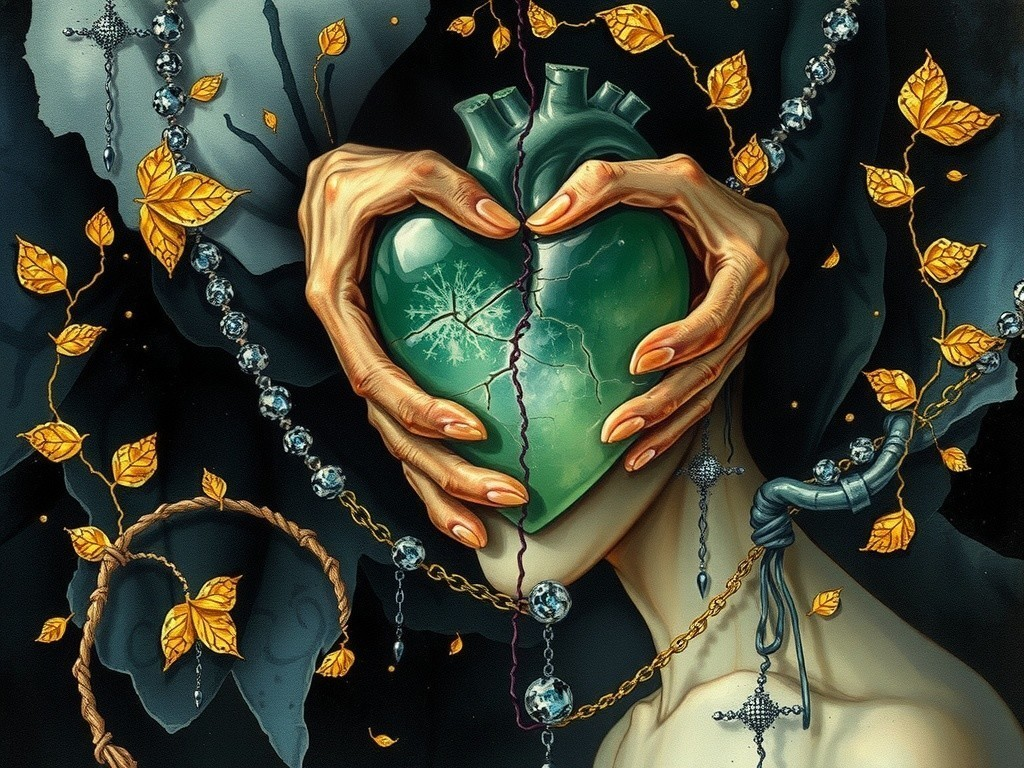 Delicate Hands Holding a Green Heart with Snowflakes