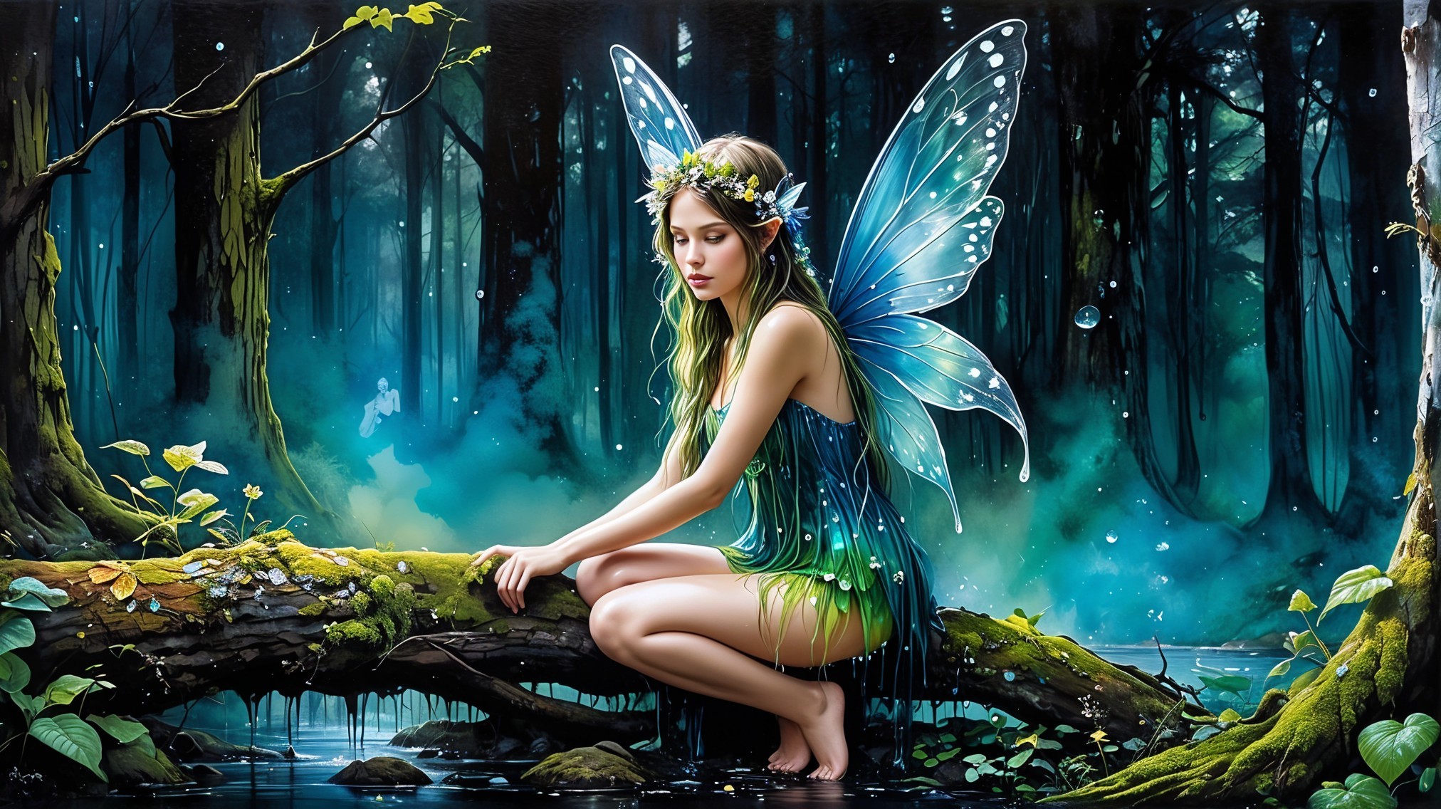 Fairy with Blue-Green Wings in a Mystical Forest
