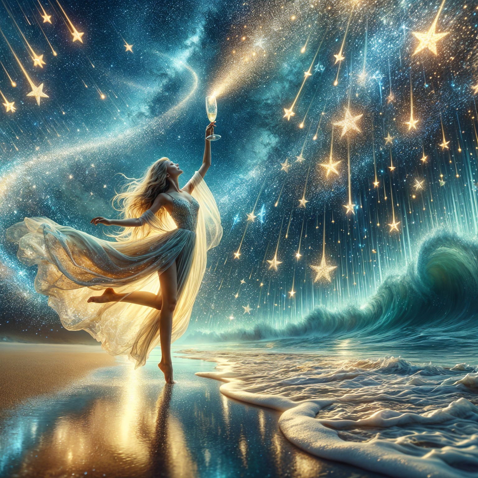 Ethereal Female Figure Dancing on a Beach at Night