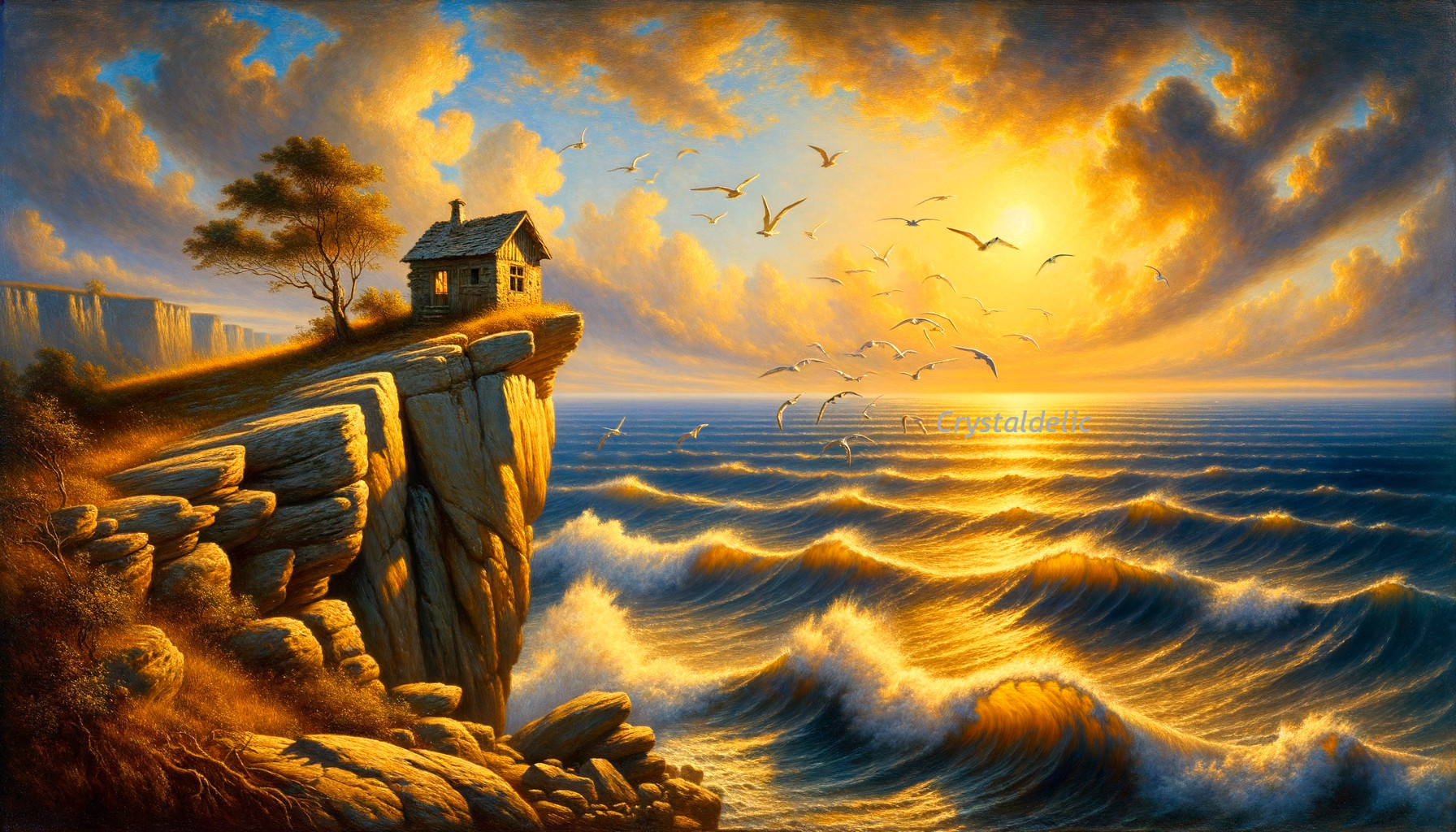 Cliffside house overlooking golden sea at sunset