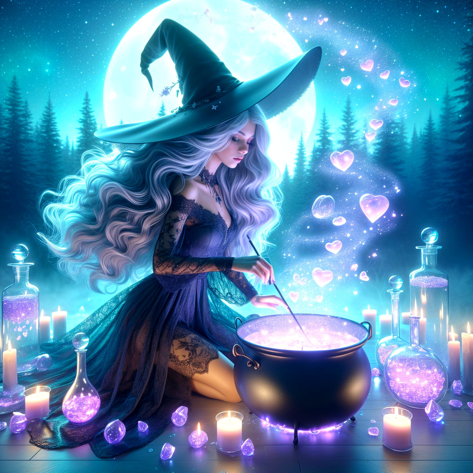 Mystical Forest Scene with Sorceress and Cauldron