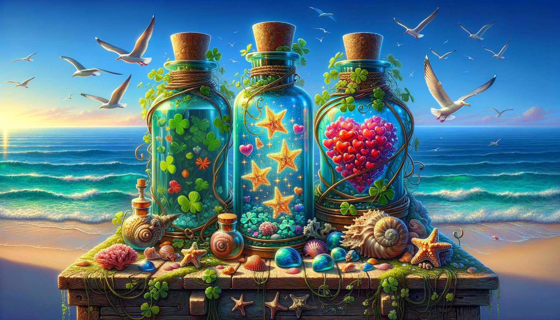 Decorated Glass Bottles on Shore with Seashells