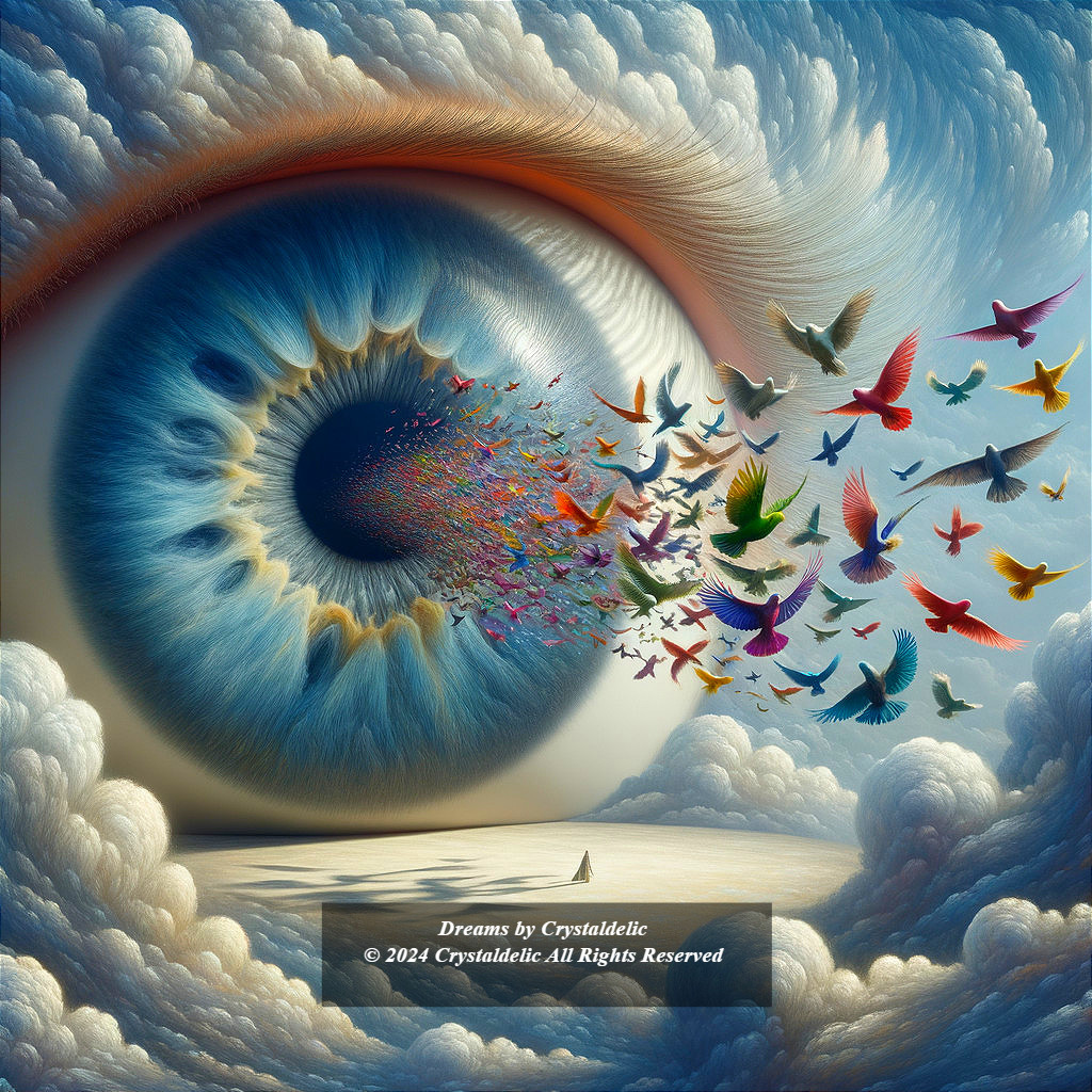 Colossal Eye Surrounded by Swirling Clouds and Birds
