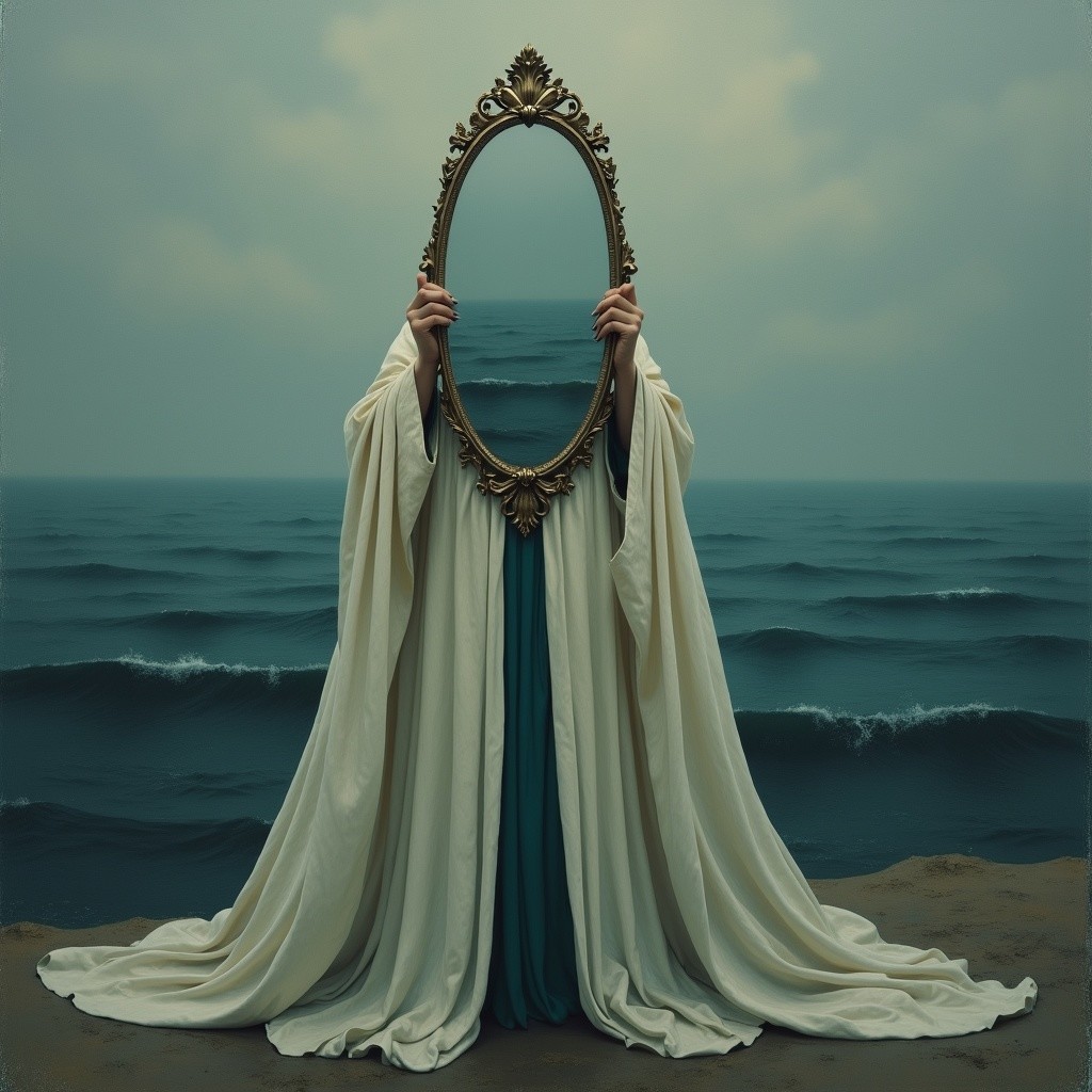 Ethereal Figure with Mirror on Tranquil Beach Scene