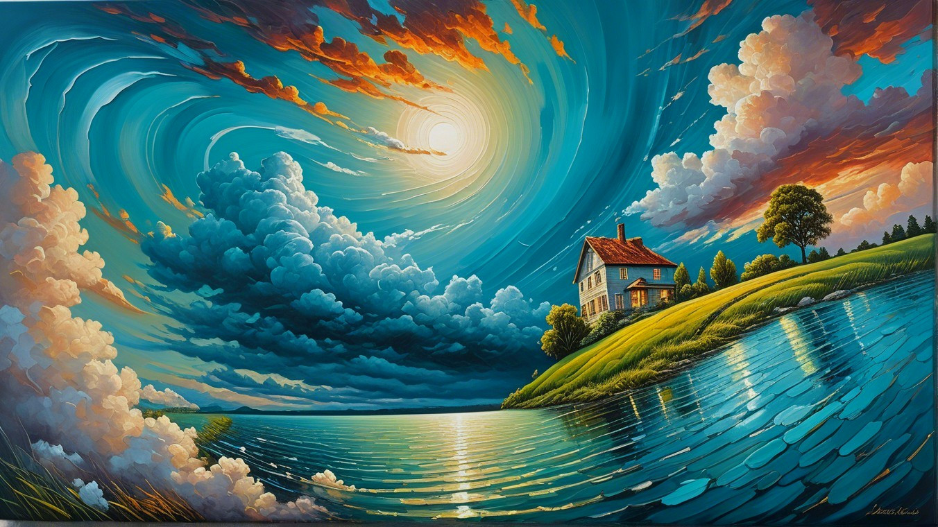 Serene landscape with house, lake, and dynamic sky