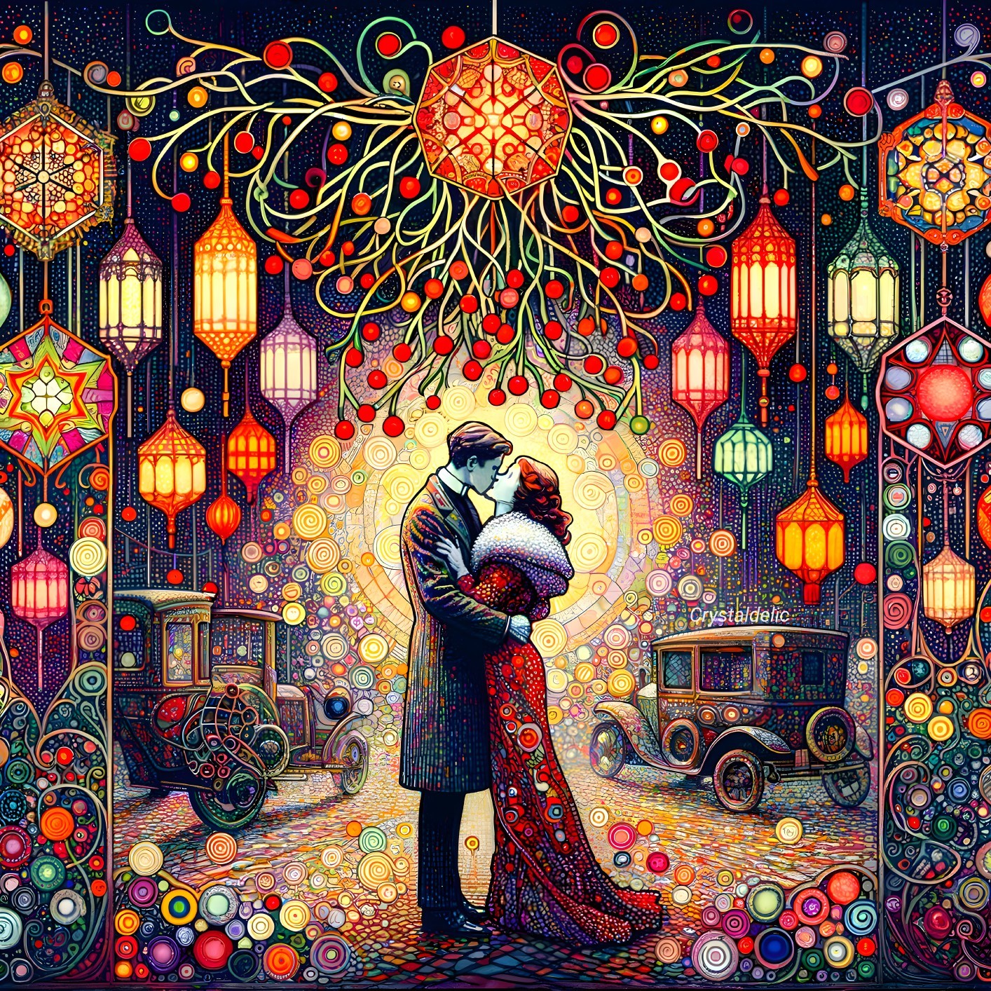 Colorful psychedelic illustration of couple embracing under a tree