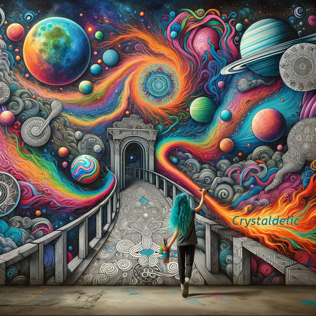 Person in cosmic landscape with swirling galaxies and stone gateway