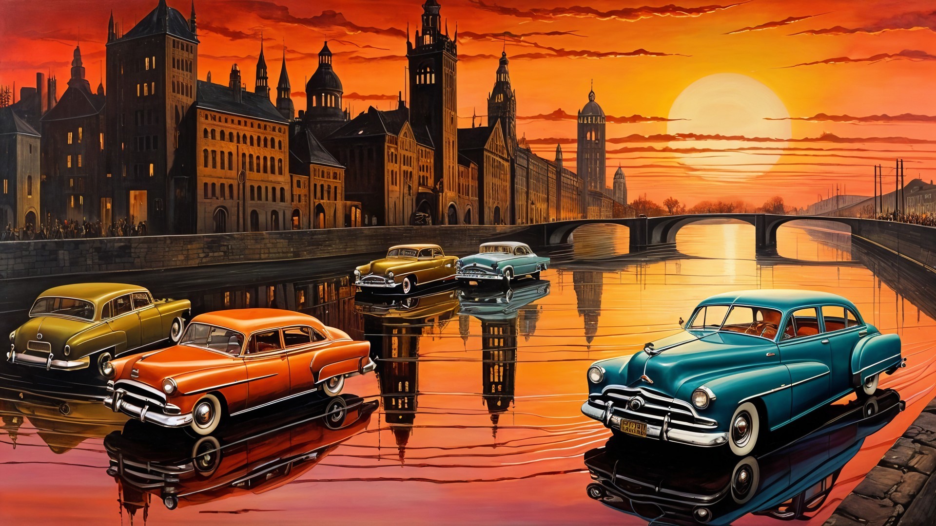 Vibrant Sunset Over Cityscape with Classic Cars