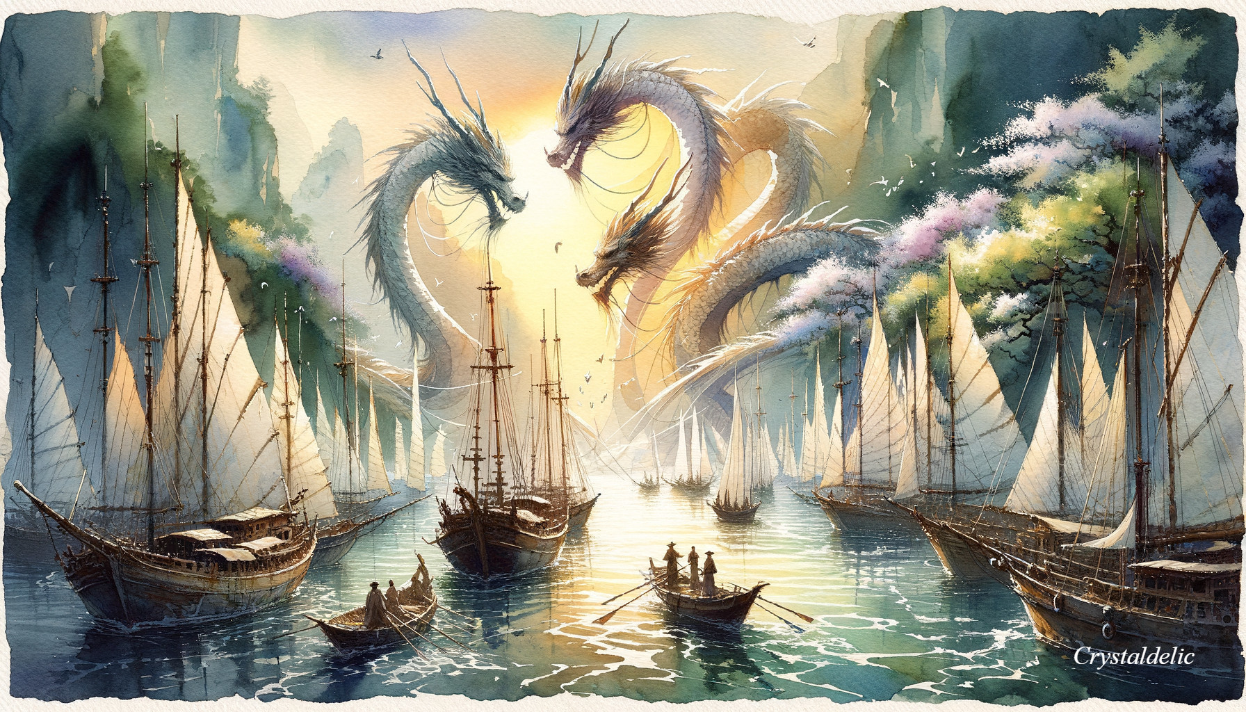 Watercolor Painting of Harbor with Sailboats and Dragon