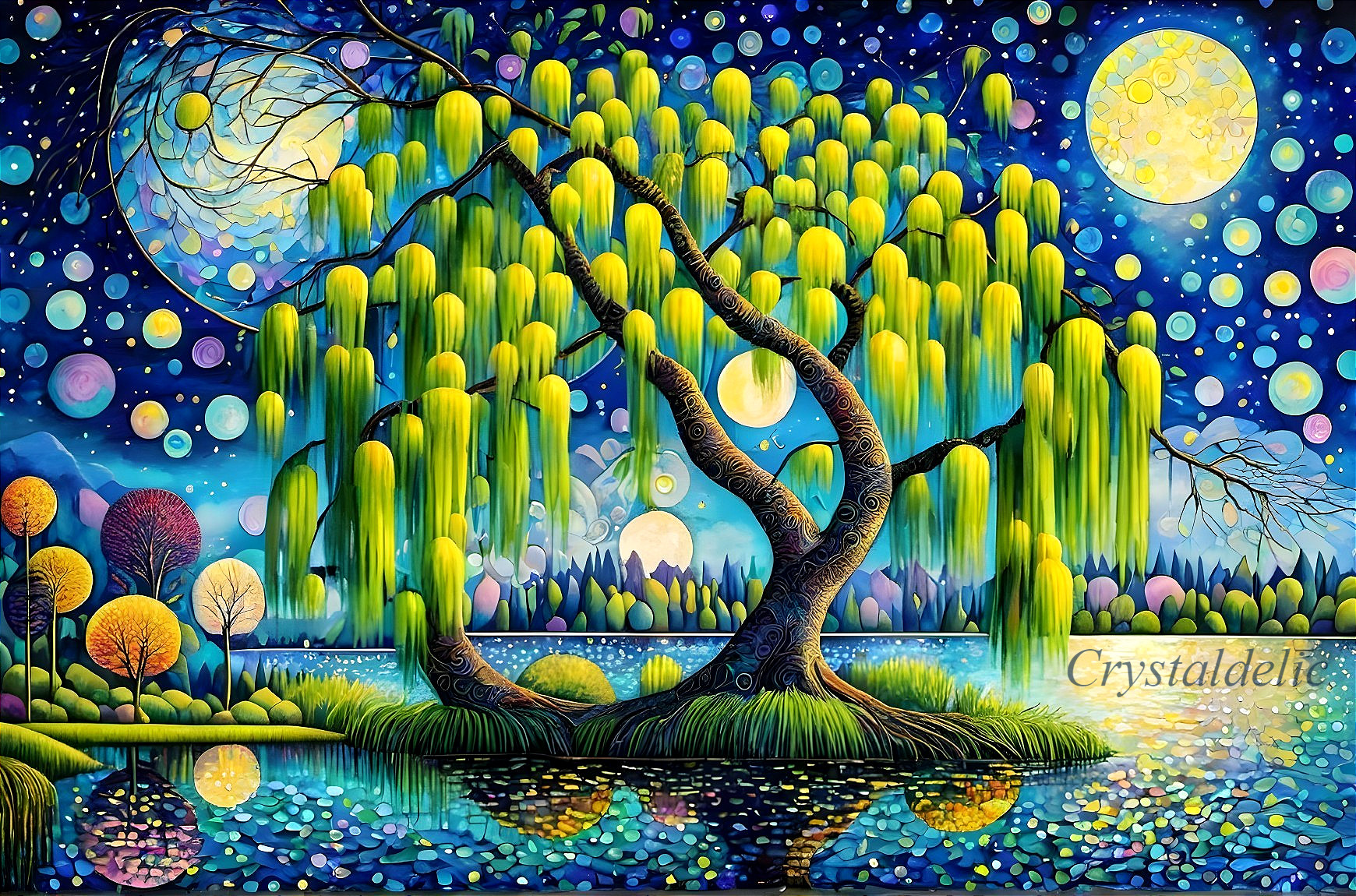 Colorful painting of whimsical tree with weeping willow leaves by lily pad pond under star