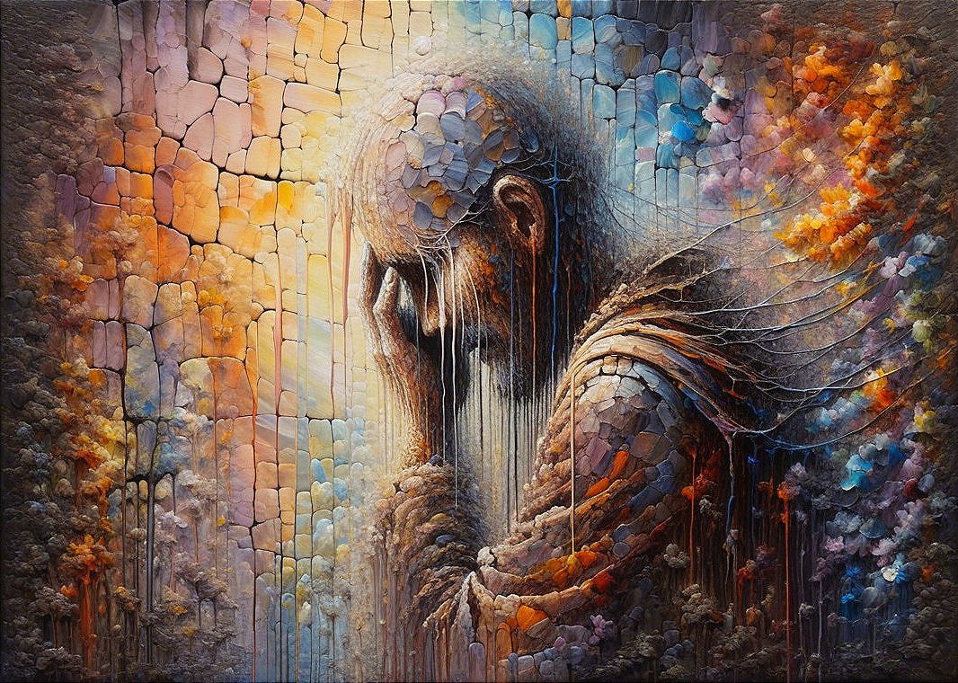 Somber Figure in Contemplation with Vibrant Background