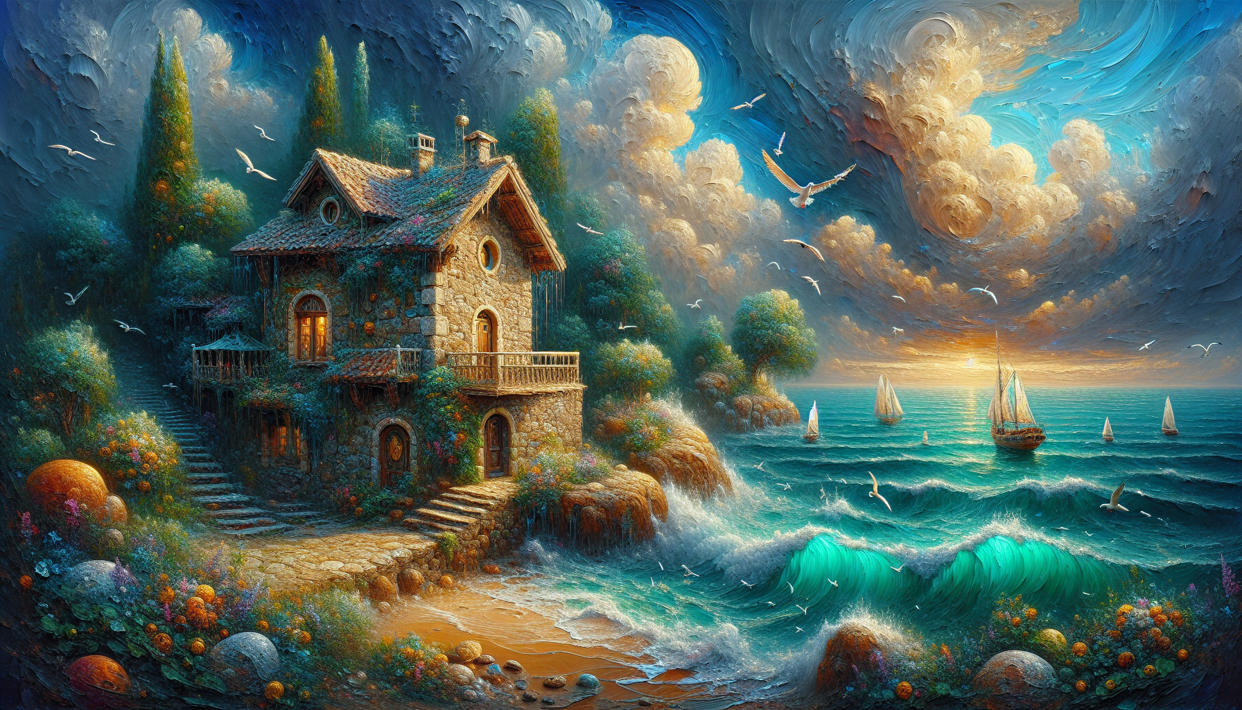 Seaside Scene with Stone Cottage and Vibrant Nature