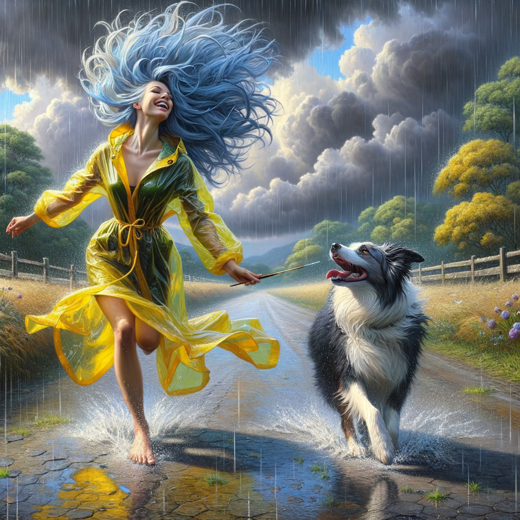 Woman in yellow raincoat runs with dog on rainy path