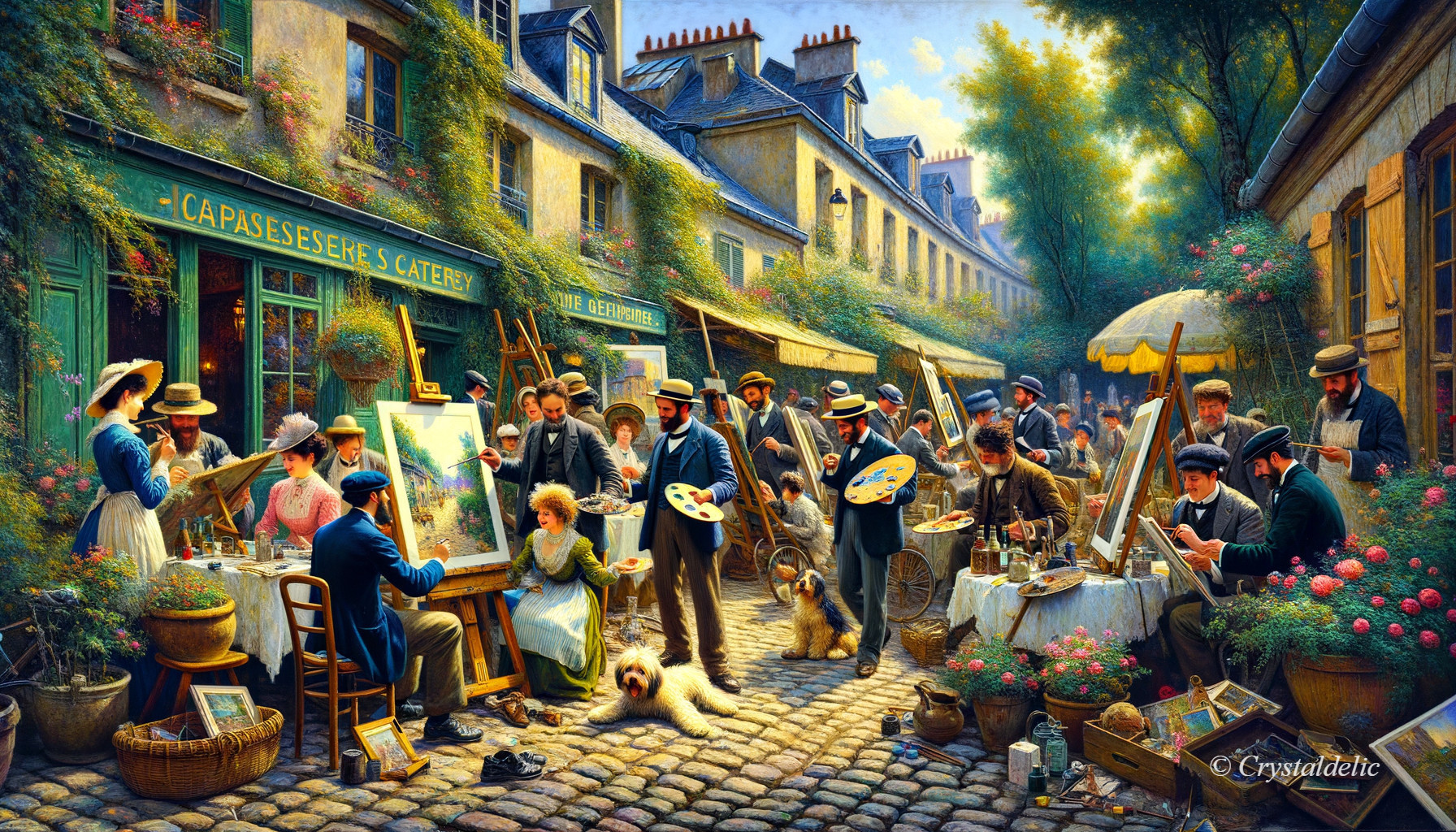 Vibrant Street Scene with Artists and Flower Shop
