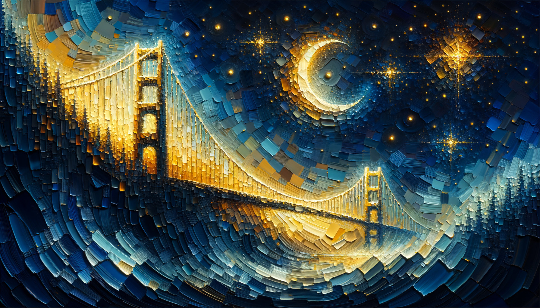 Vibrant Artwork of Golden Gate Bridge at Night