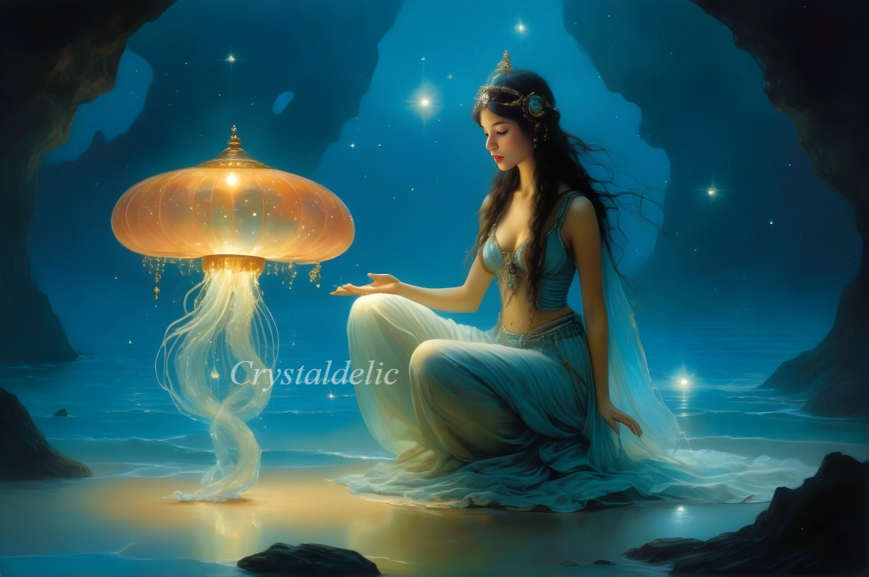 Woman in ethereal clothing with glowing jellyfish in fantasy setting