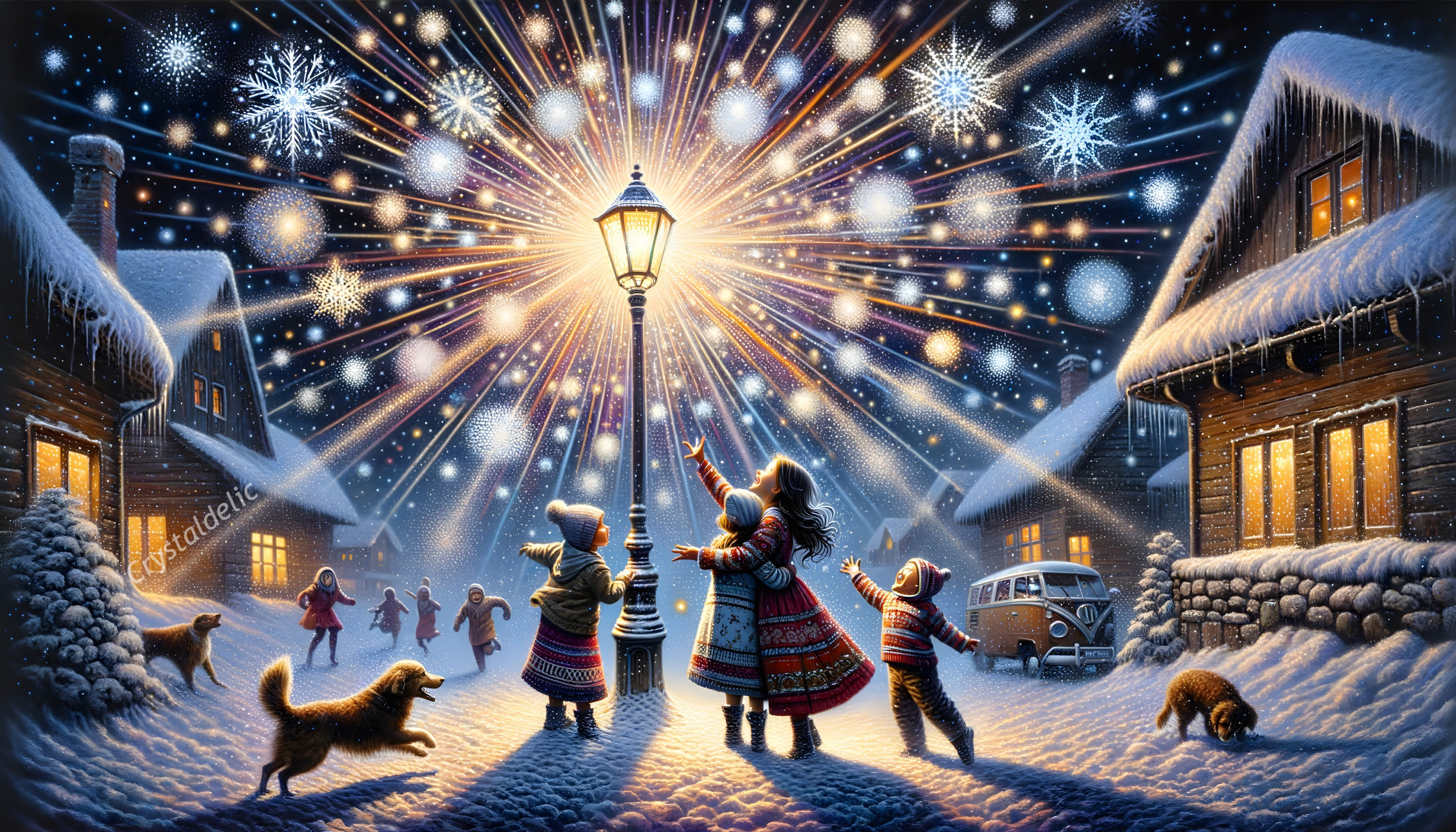 Winter scene: people, dogs, fireworks, snow-covered houses, glowing street lamp