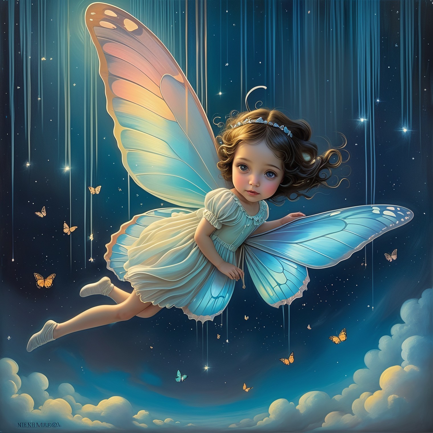 Young girl with butterfly wings in a magical sky