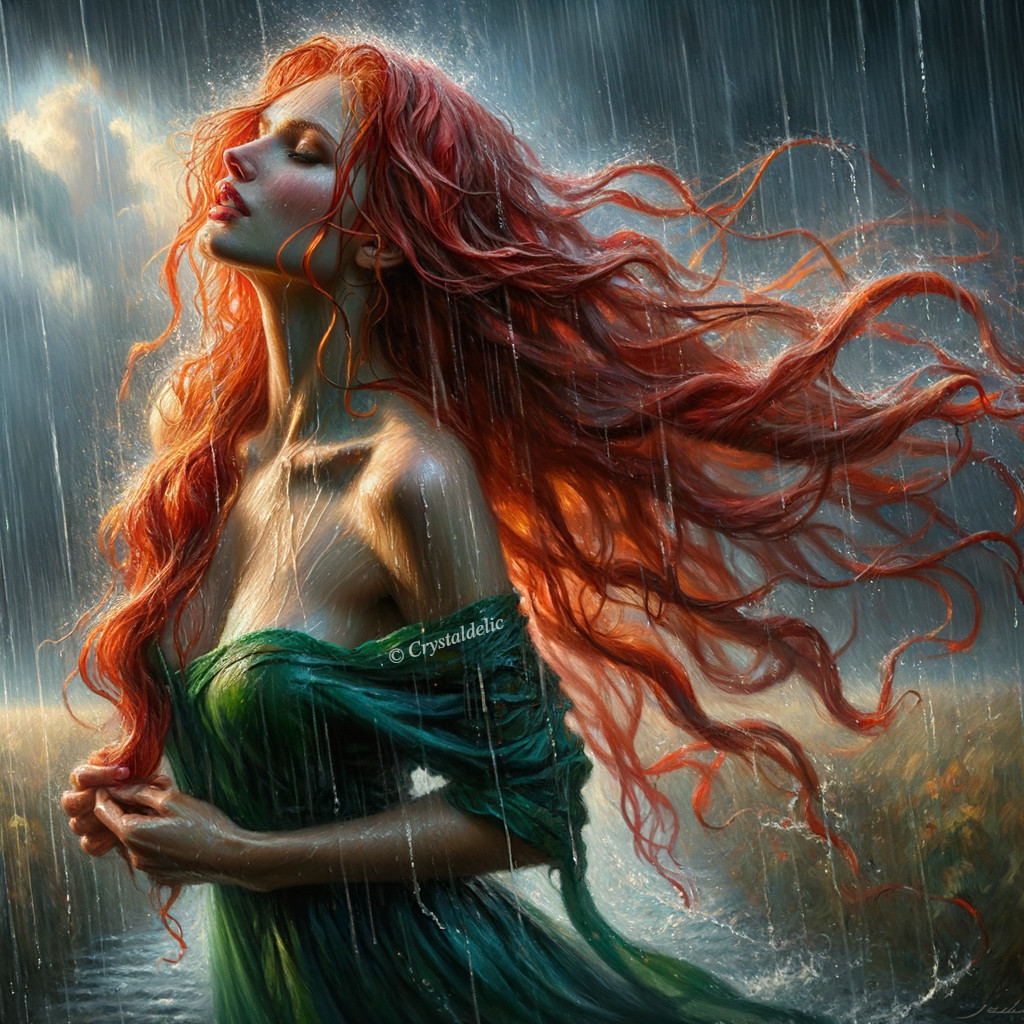 Woman with Red Hair in Rainy Nature Scene