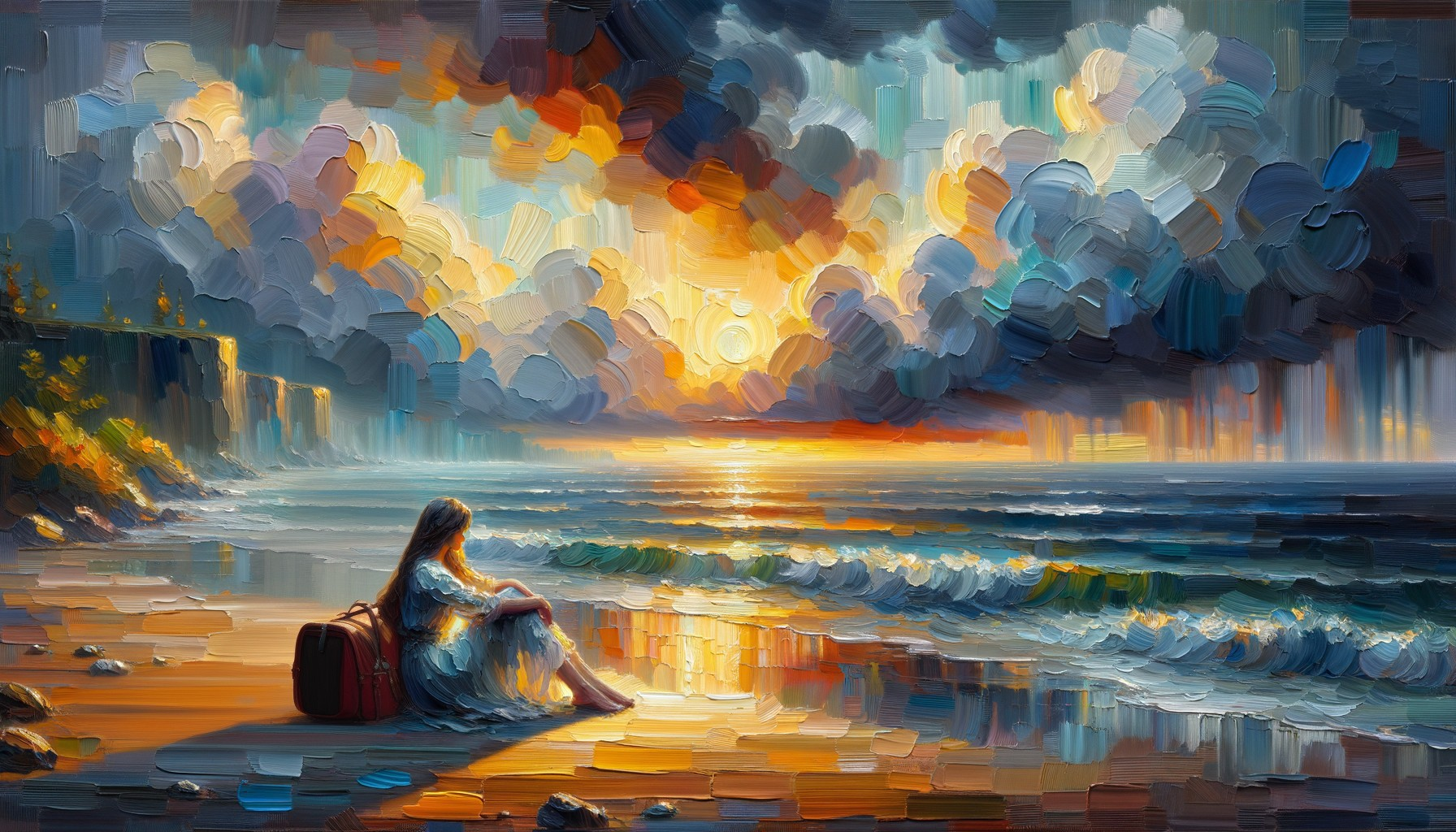 Serene Beach Sunset with Woman and Suitcase