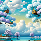 Whimsical landscape with vibrant trees and lake reflection