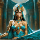 Regal woman styled as ancient Egyptian queen with elaborate headdress and jewelry against temple pillars