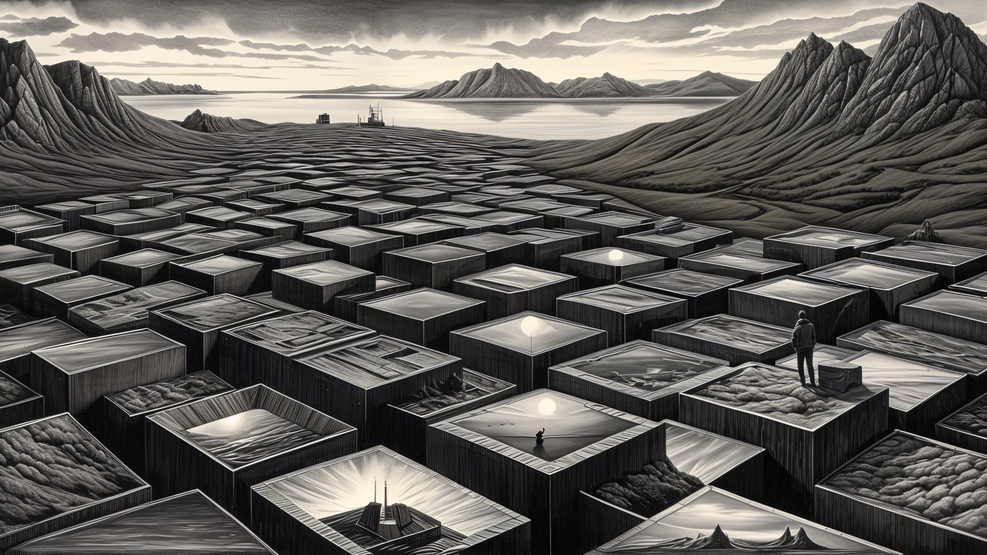 Surreal Landscape with Cubic Structures and Mountains