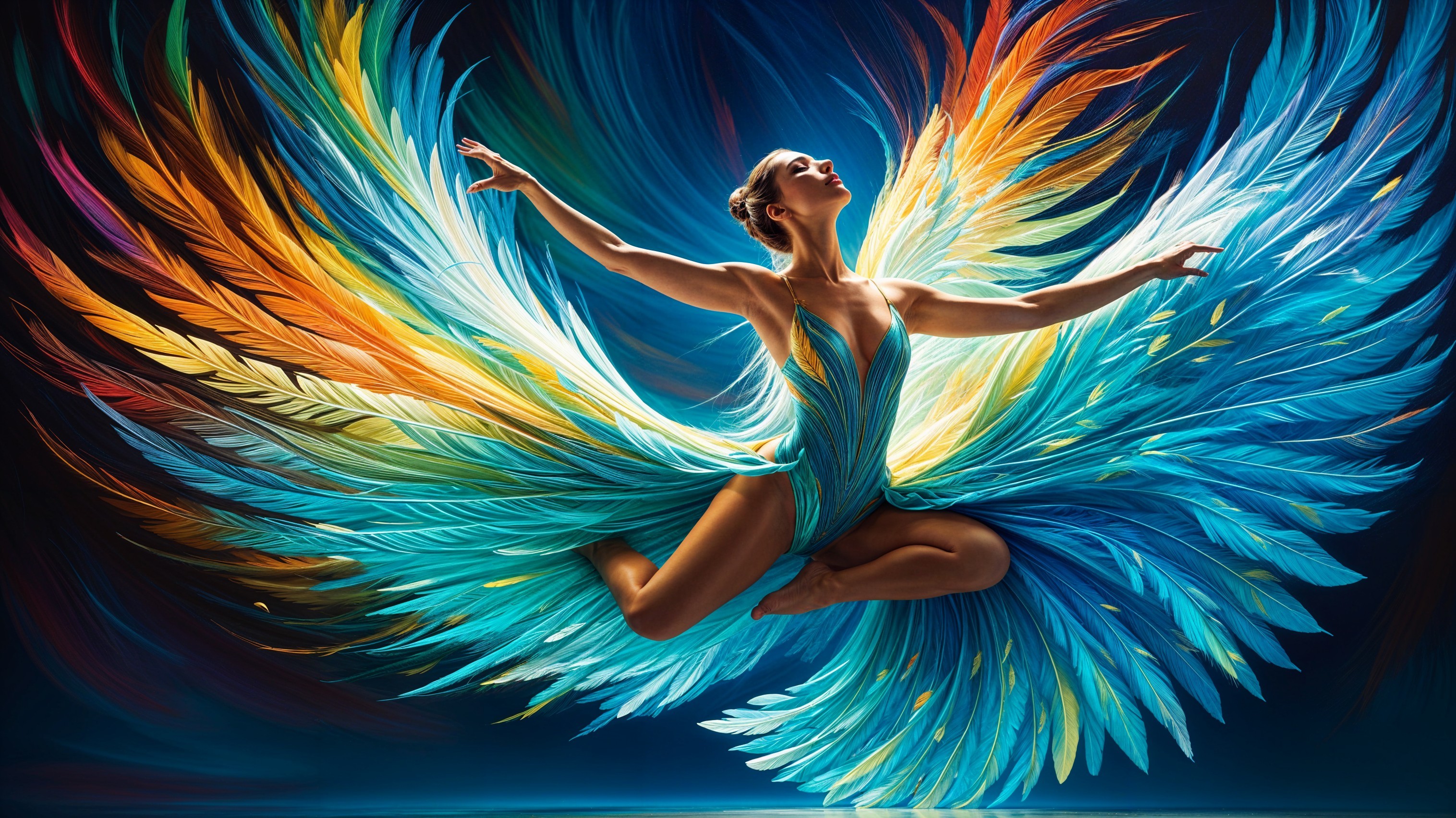 Dancer in Vibrant Feathers with Dynamic Movement