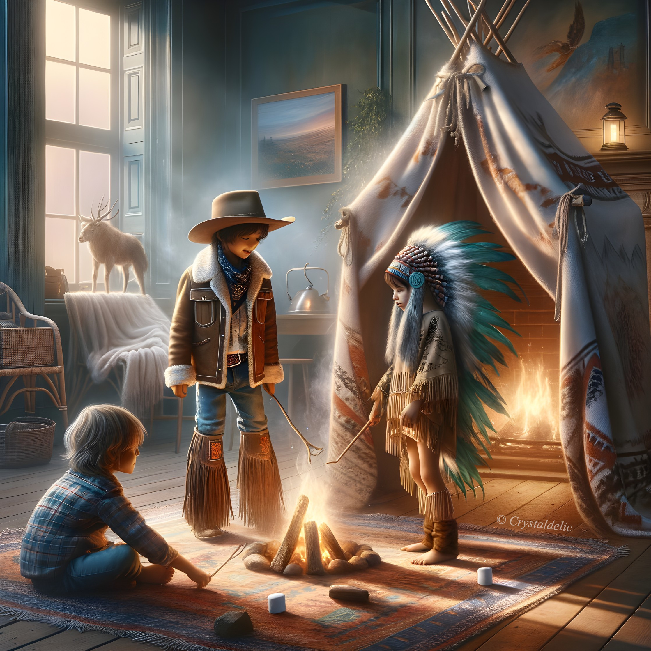 Cozy Campfire Scene with Children and Teepee