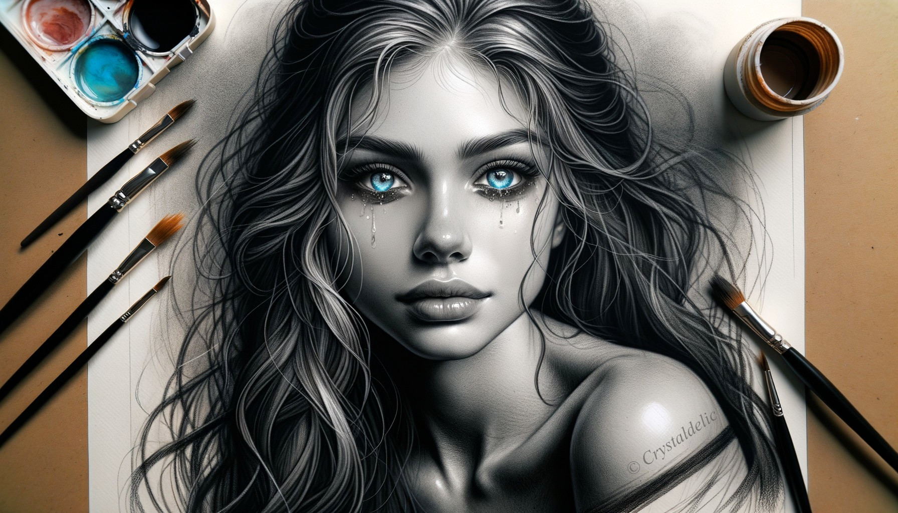 Hyper-realistic drawing of a woman with blue eyes