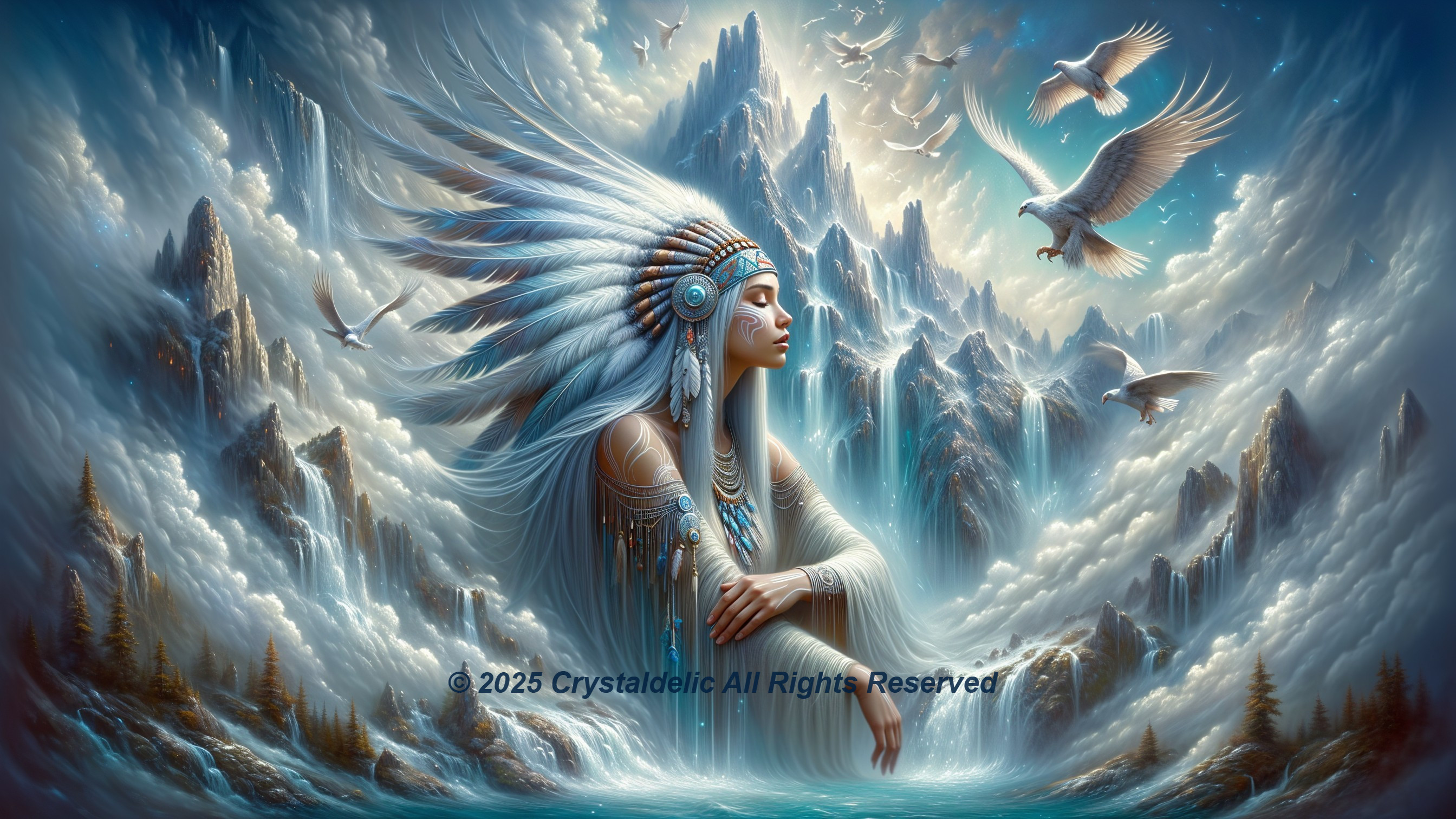 Native American Woman in Nature with Mountains and Waterfalls