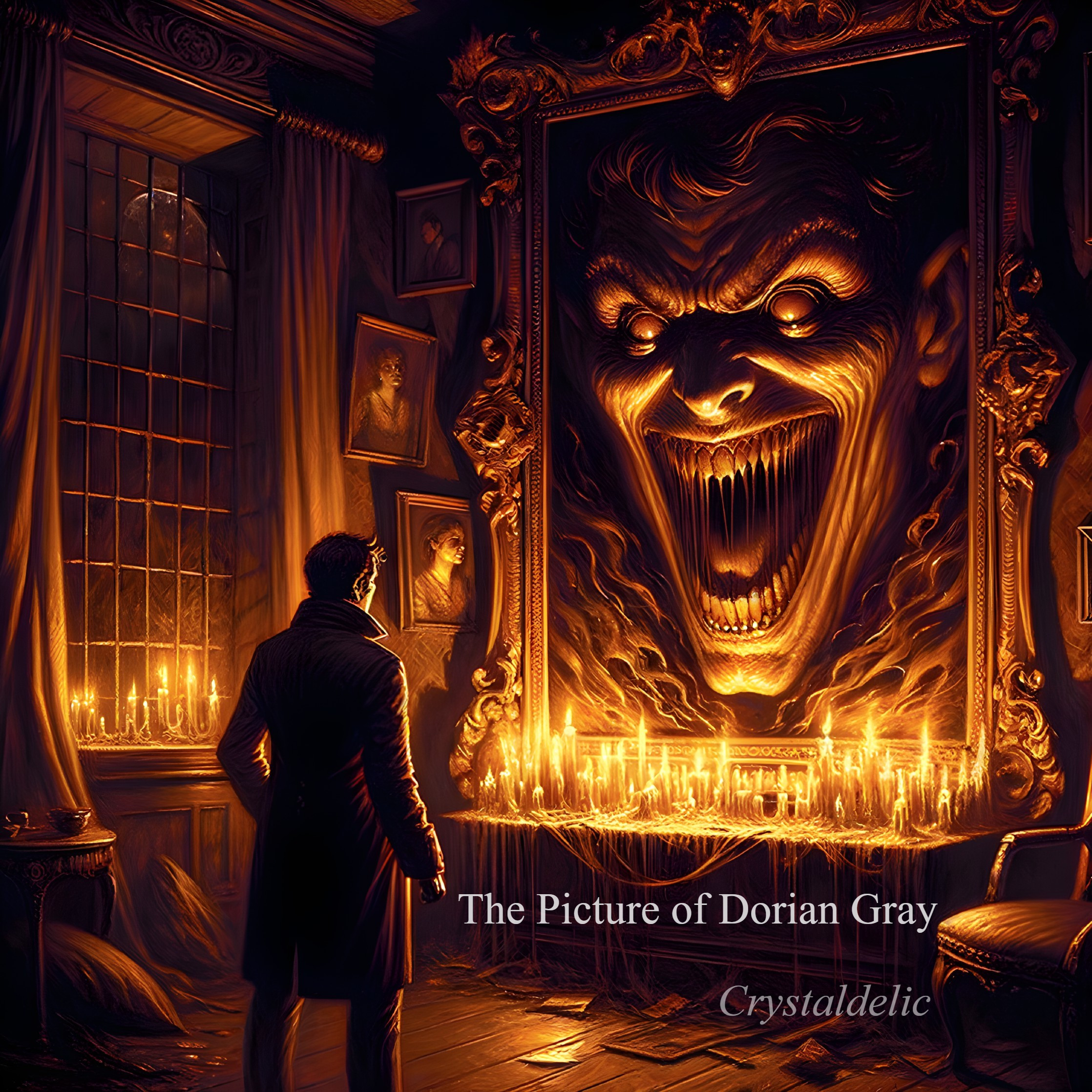 Man's reflection distorted in eerie painting amid candlelit room.