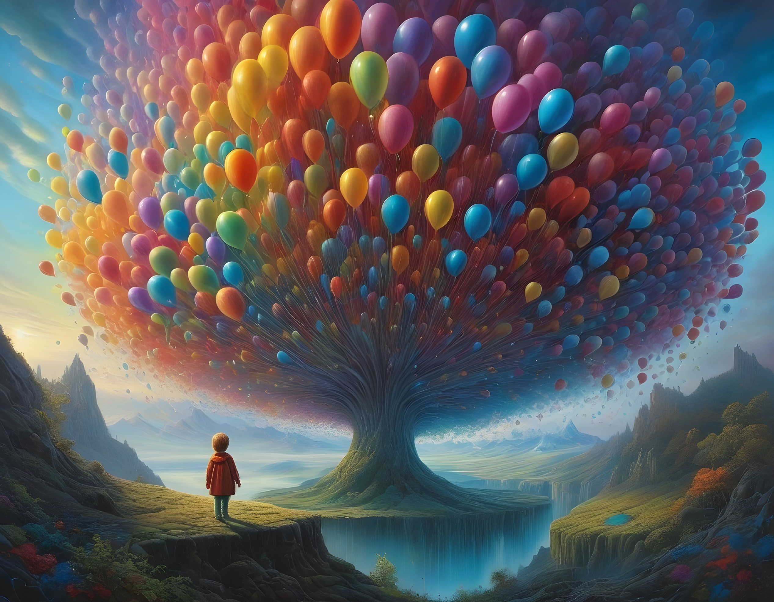Person on Cliff Views Surreal Landscape with Balloon Tree