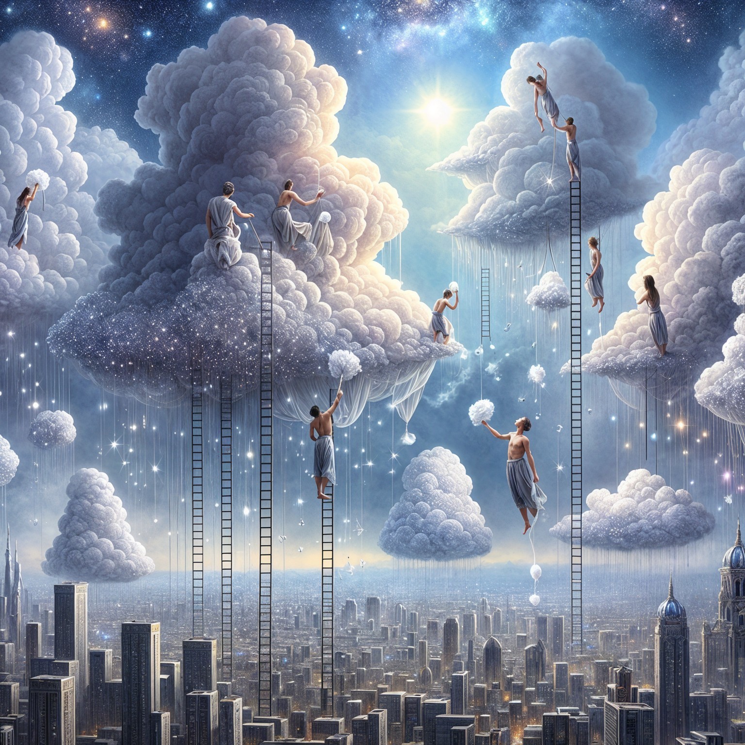 Surreal Cityscape with Ethereal Figures and Clouds