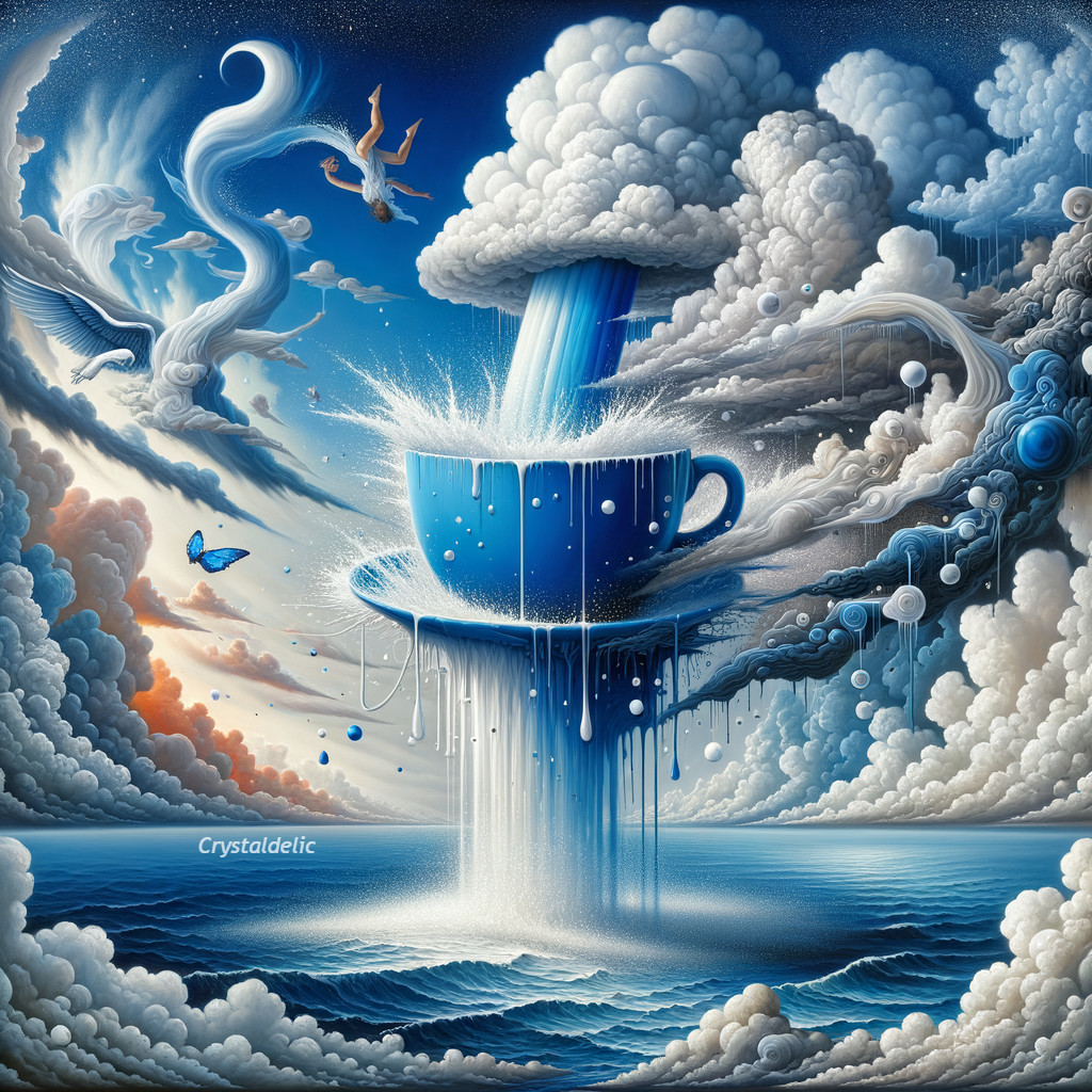 Surreal oversized coffee cup in cloud-filled landscape