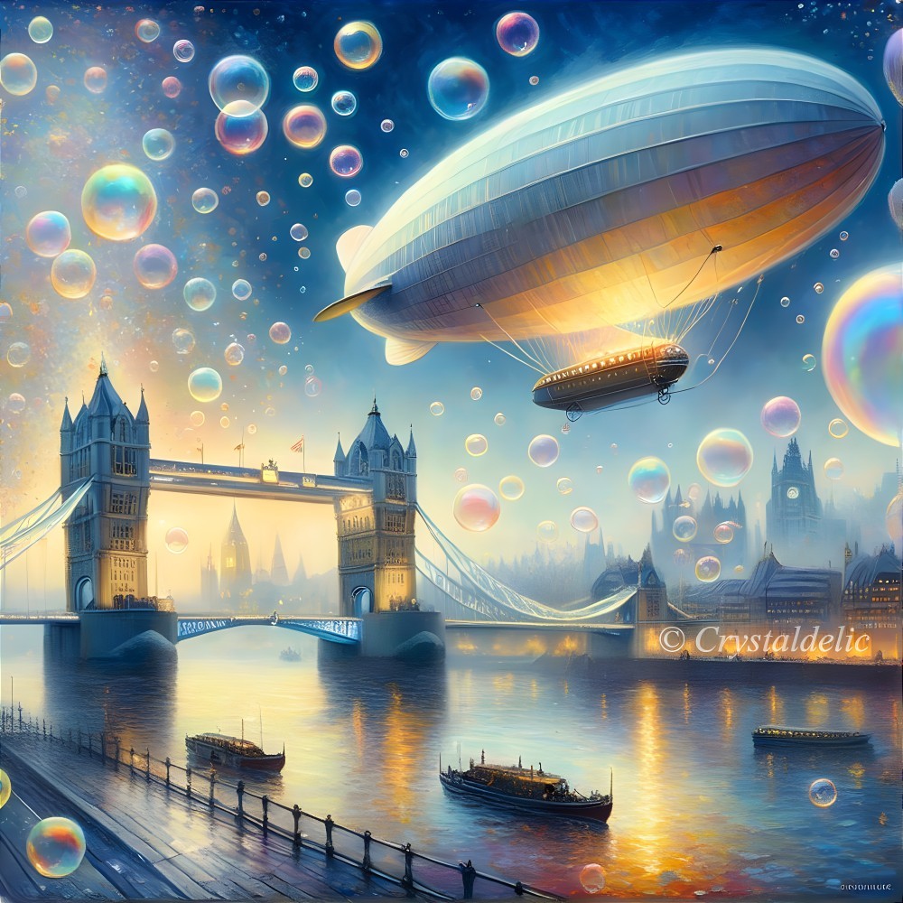 Fantastical Tower Bridge scene with airships, boats, and iridescent bubbles