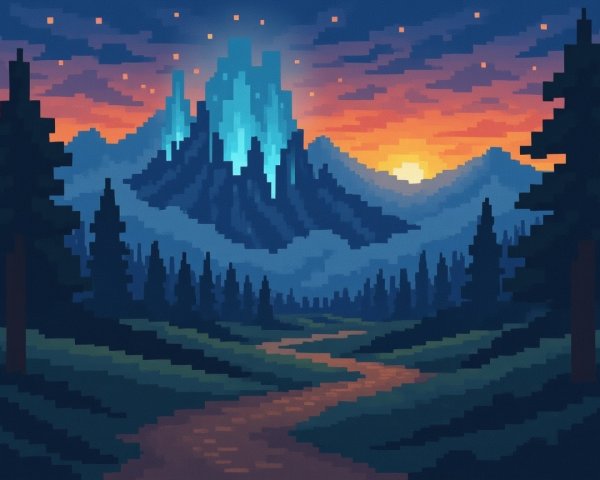 Vibrant Pixel Art of Majestic Mountain and Sunset Sky