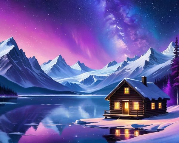 Cozy Log Cabin in Serene Winter Landscape at Night