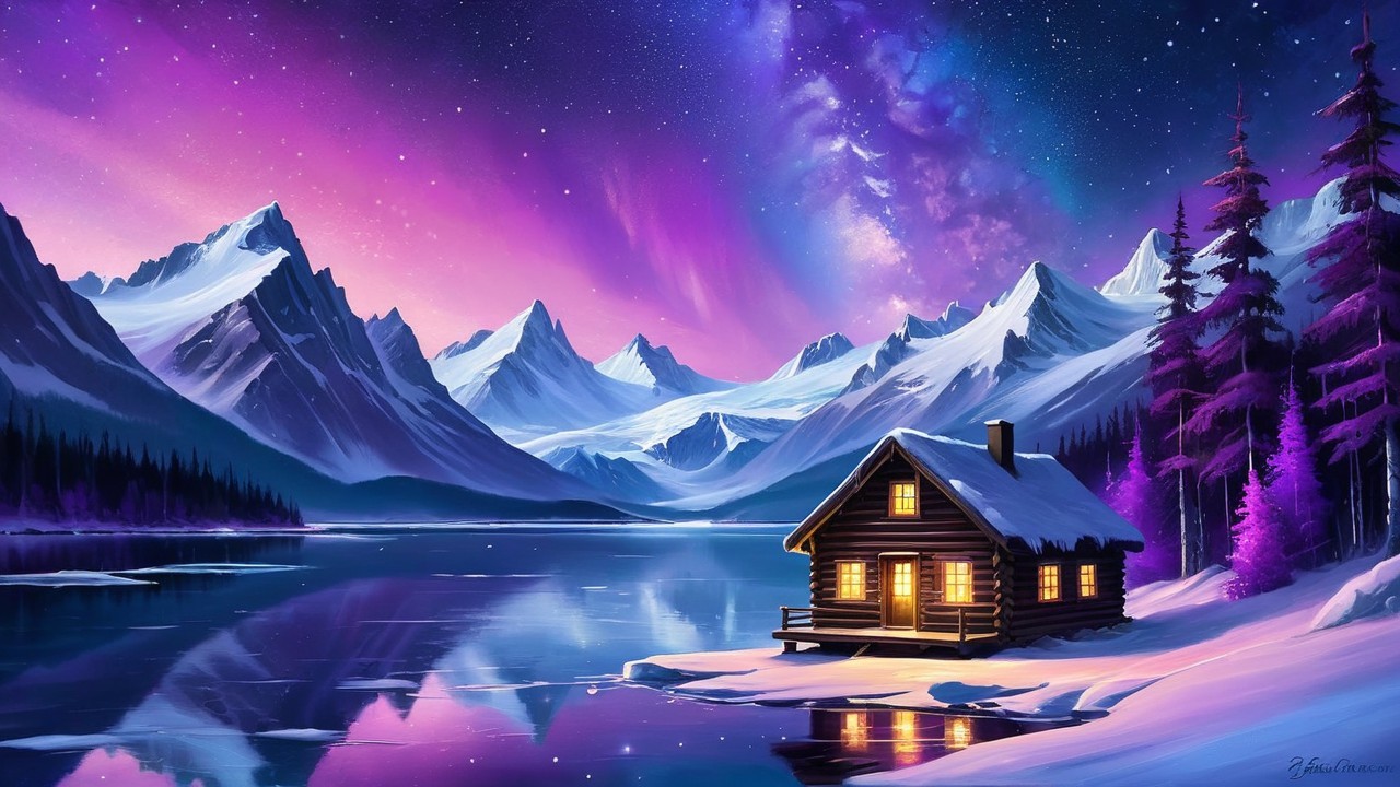 Cozy Log Cabin in Serene Winter Landscape at Night