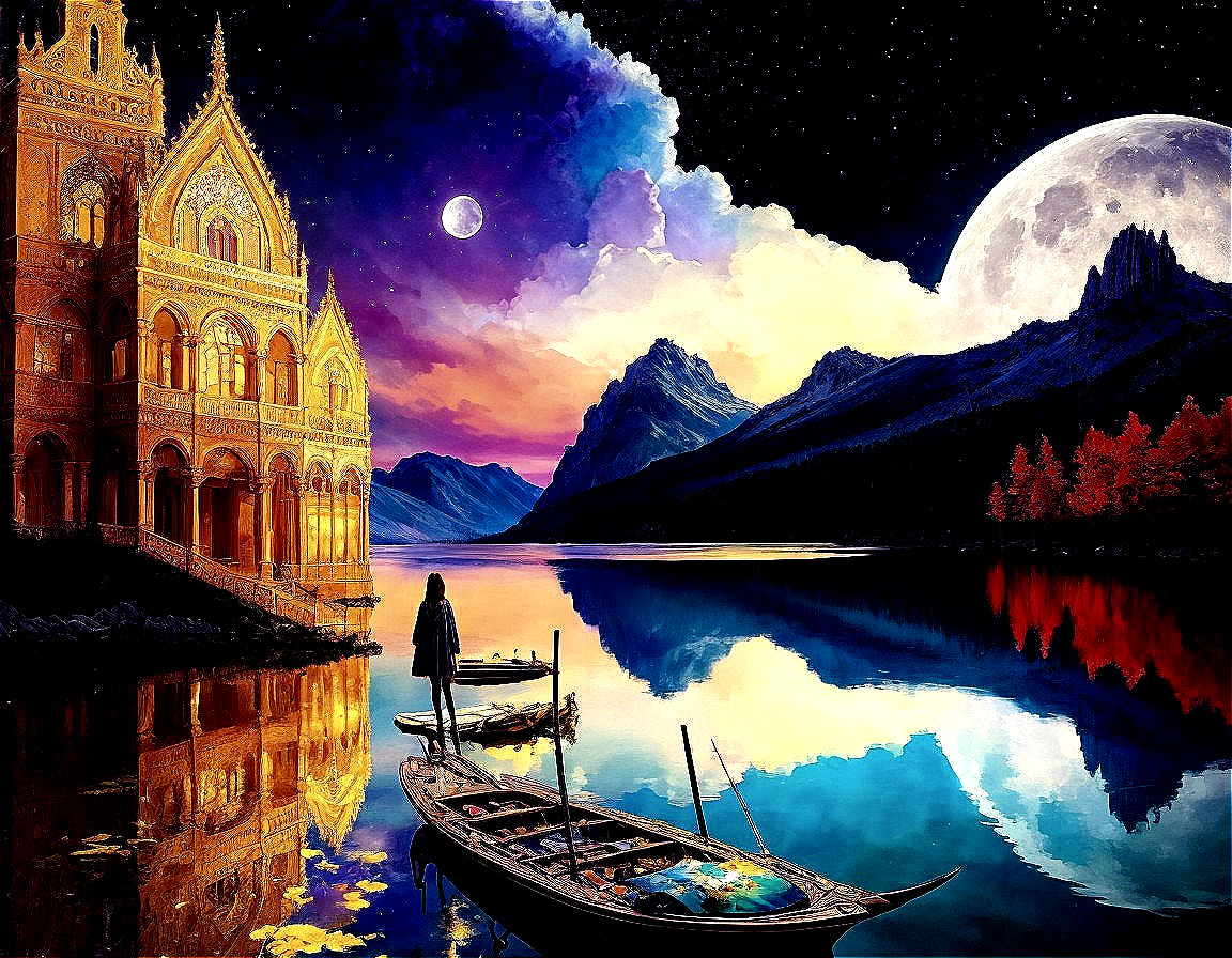Nighttime scene with large moon, person by lake, boats, building reflection, mountains
