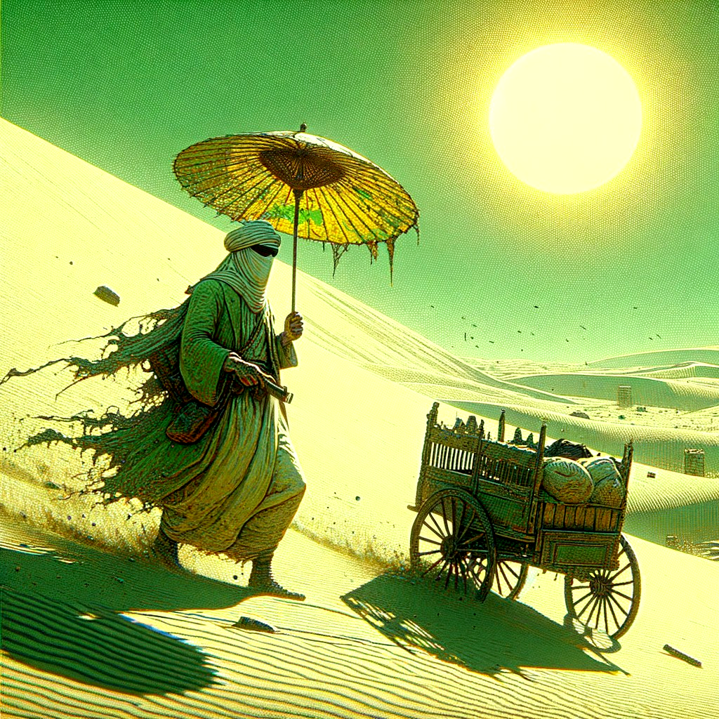 Solitary Figure Walking Through Desert Dunes with Cart