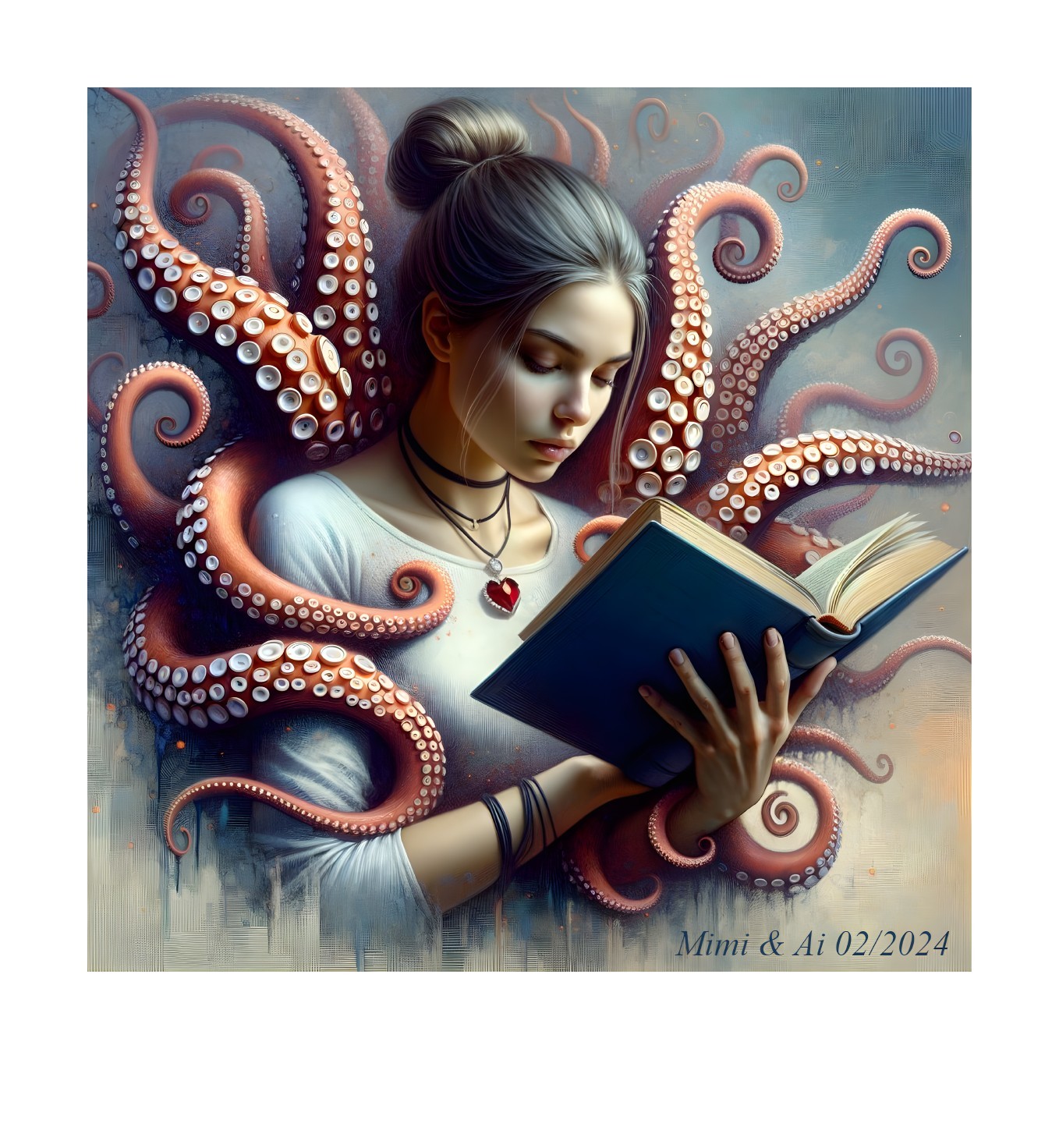Woman Reading Surrounded by Vibrant Octopus Tentacles