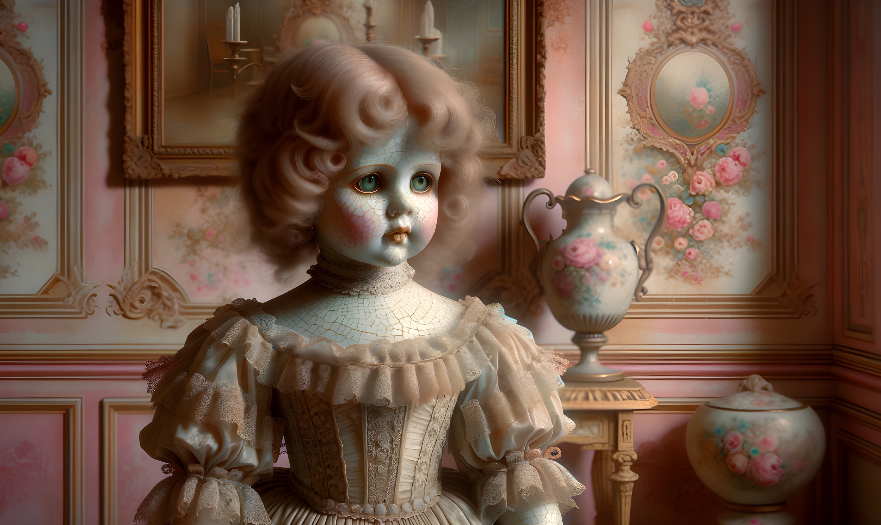 Vintage porcelain doll in blue dress in ornate room with floral decor