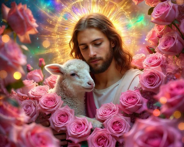 Digital painting of Jesus with lamb and pink roses