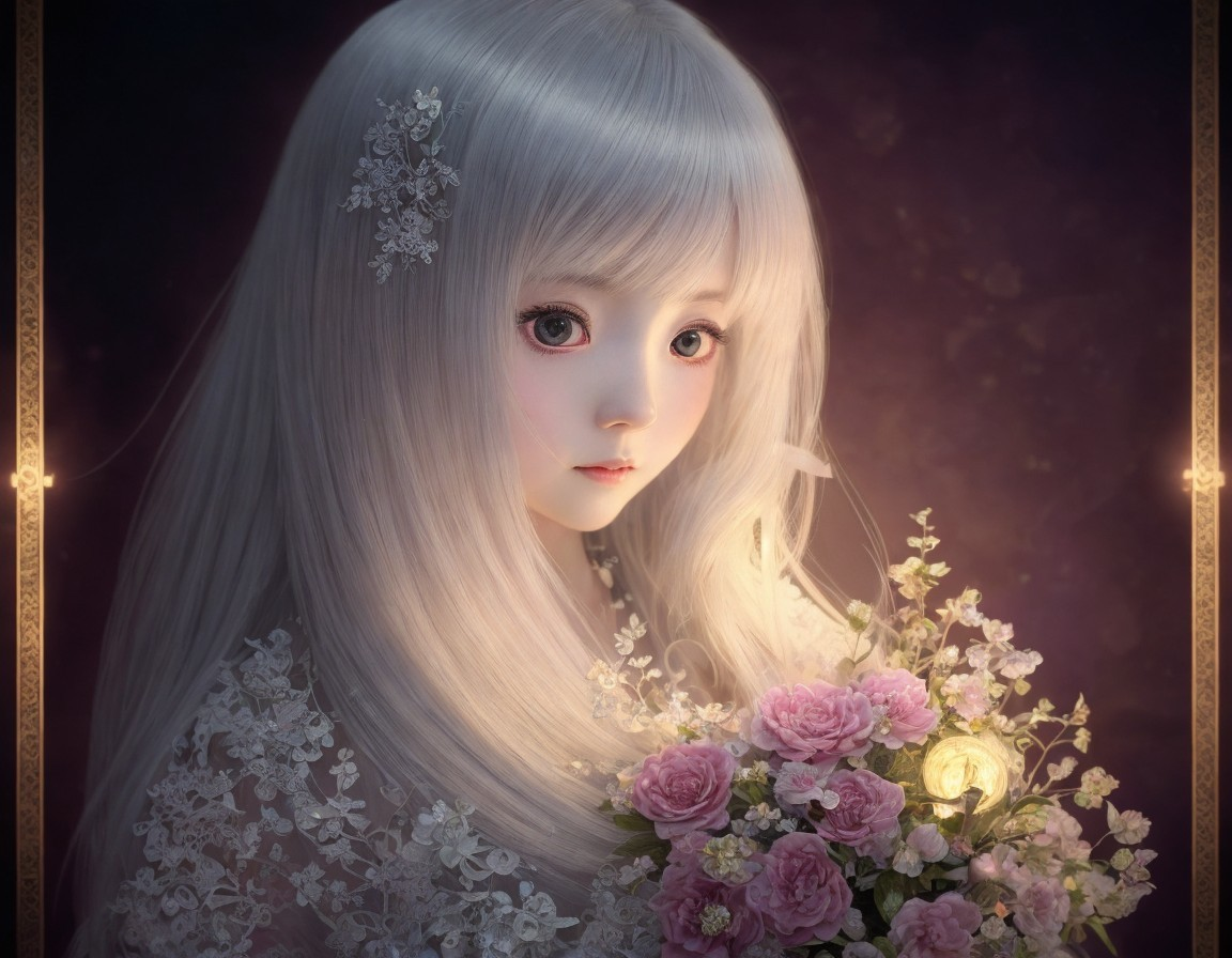 Digital artwork: Girl with large eyes, silver hair, pink roses bouquet, lace details, soft lighting