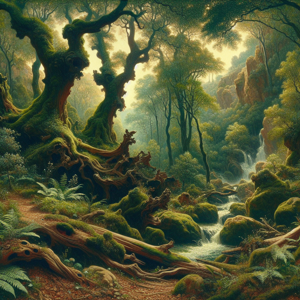 Serene forest scene with ancient trees and stream