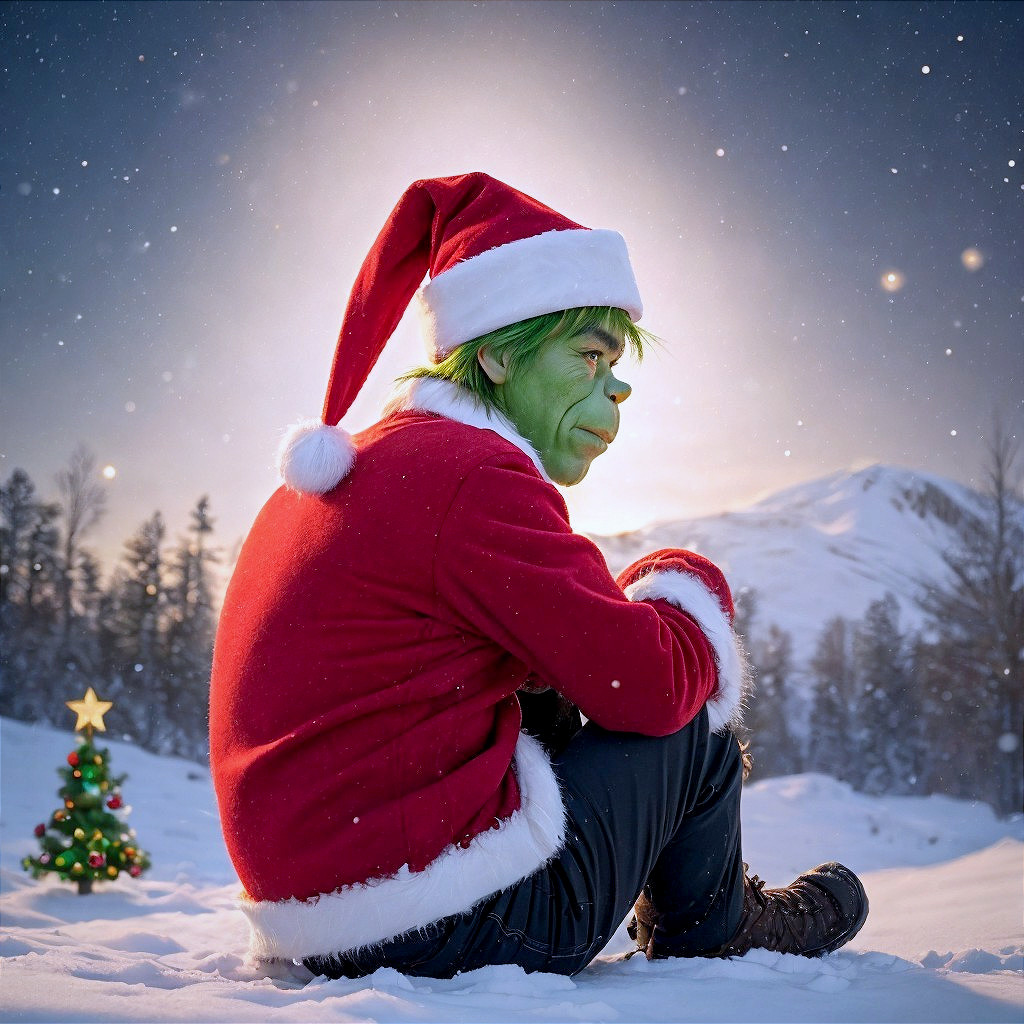 Grinch in Santa Costume Sitting in Snowy Landscape