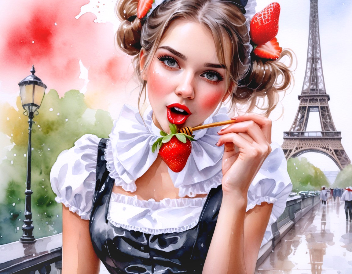 Illustrated woman with strawberry-themed makeup biting fruit in front of Eiffel Tower